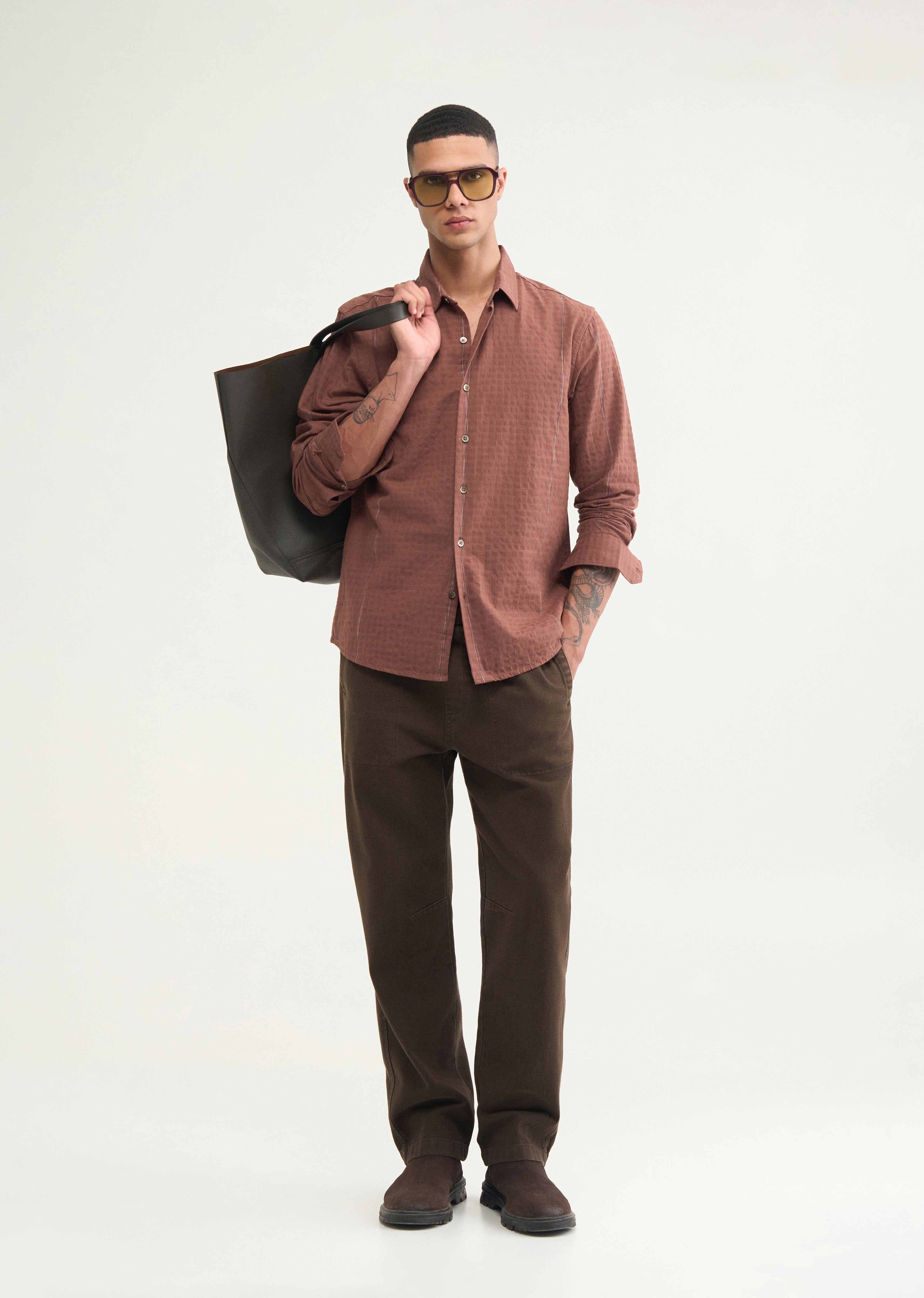 Brown Contrast Striped Cotton Shirt