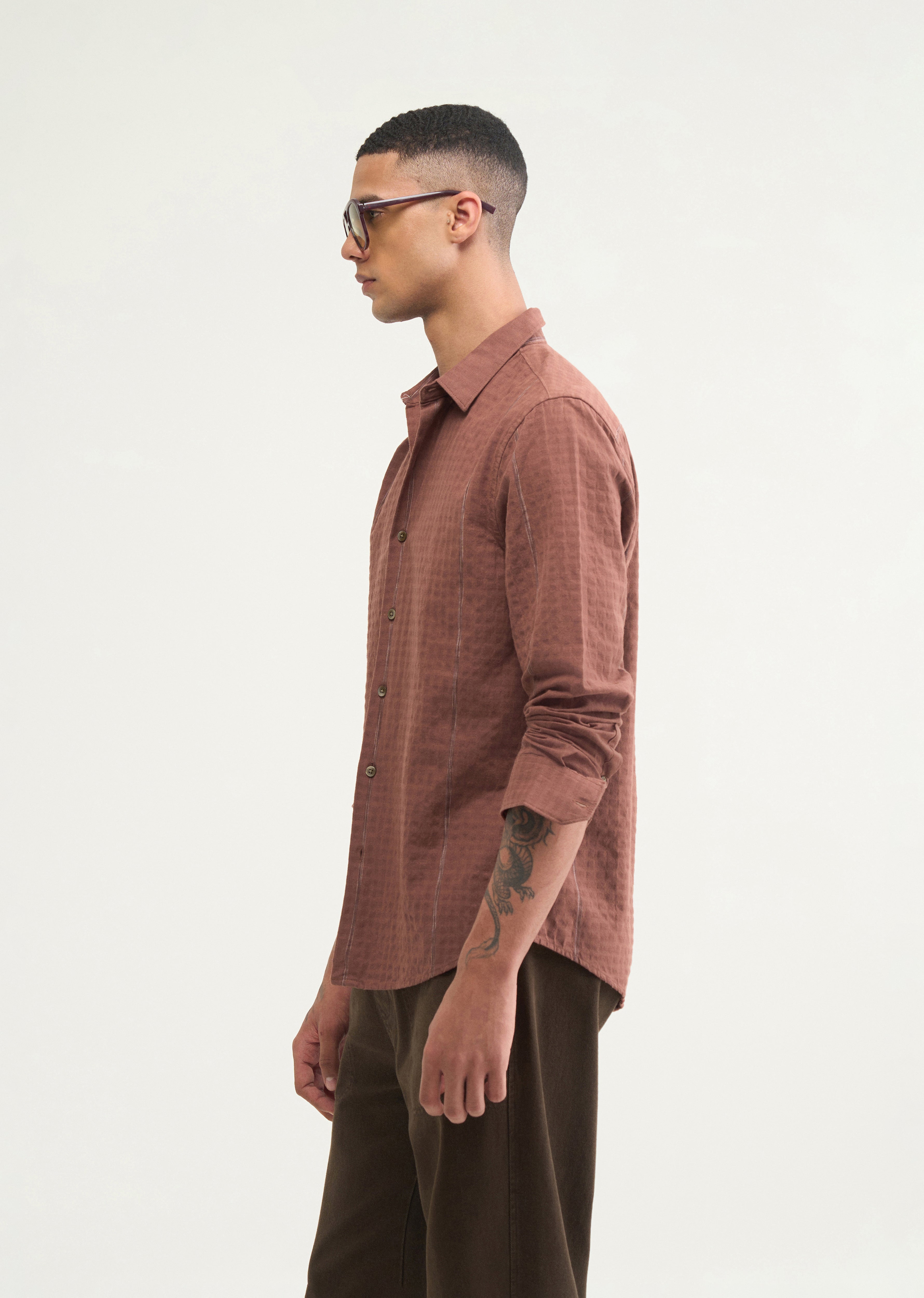 Brown Contrast Striped Cotton Shirt