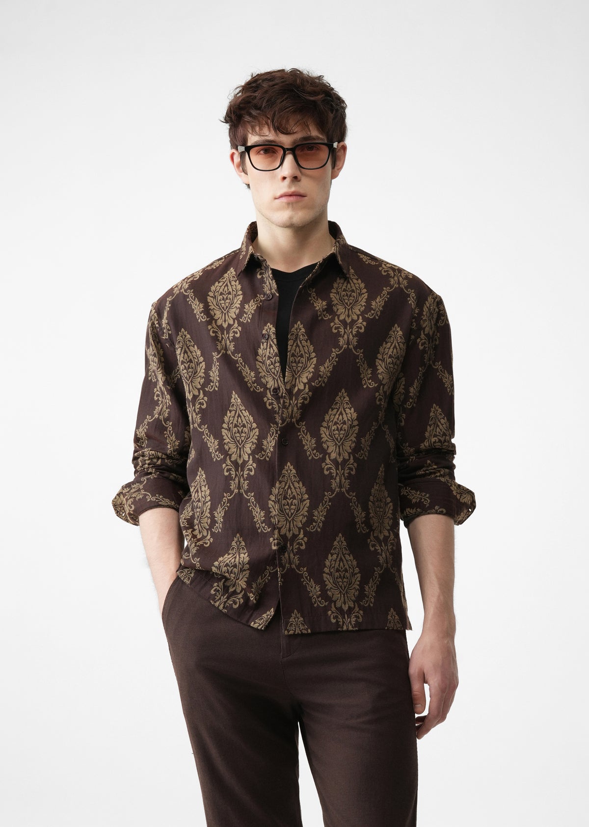Brown Cotton Blend Jacquard Shirt