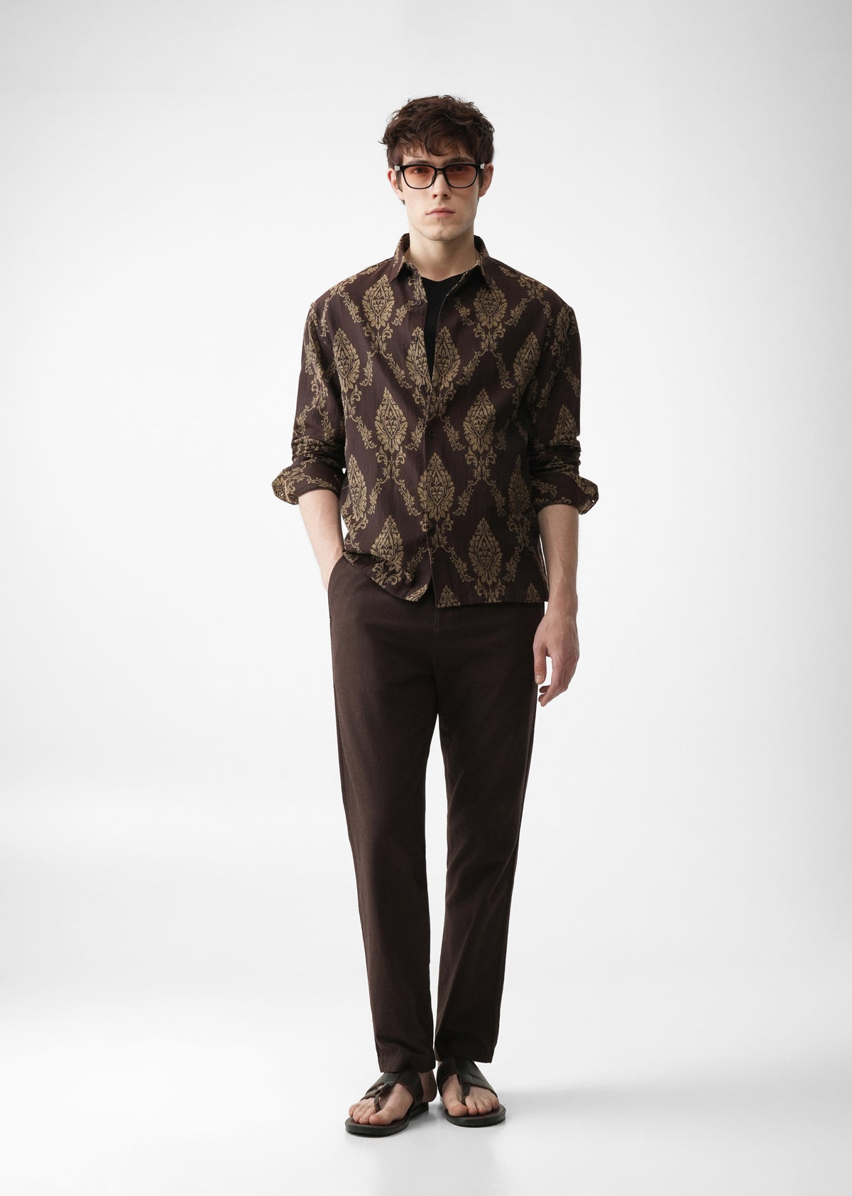 Brown Cotton Blend Jacquard Shirt
