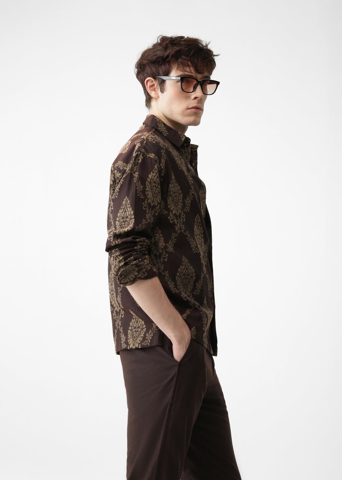 Brown Cotton Blend Jacquard Shirt