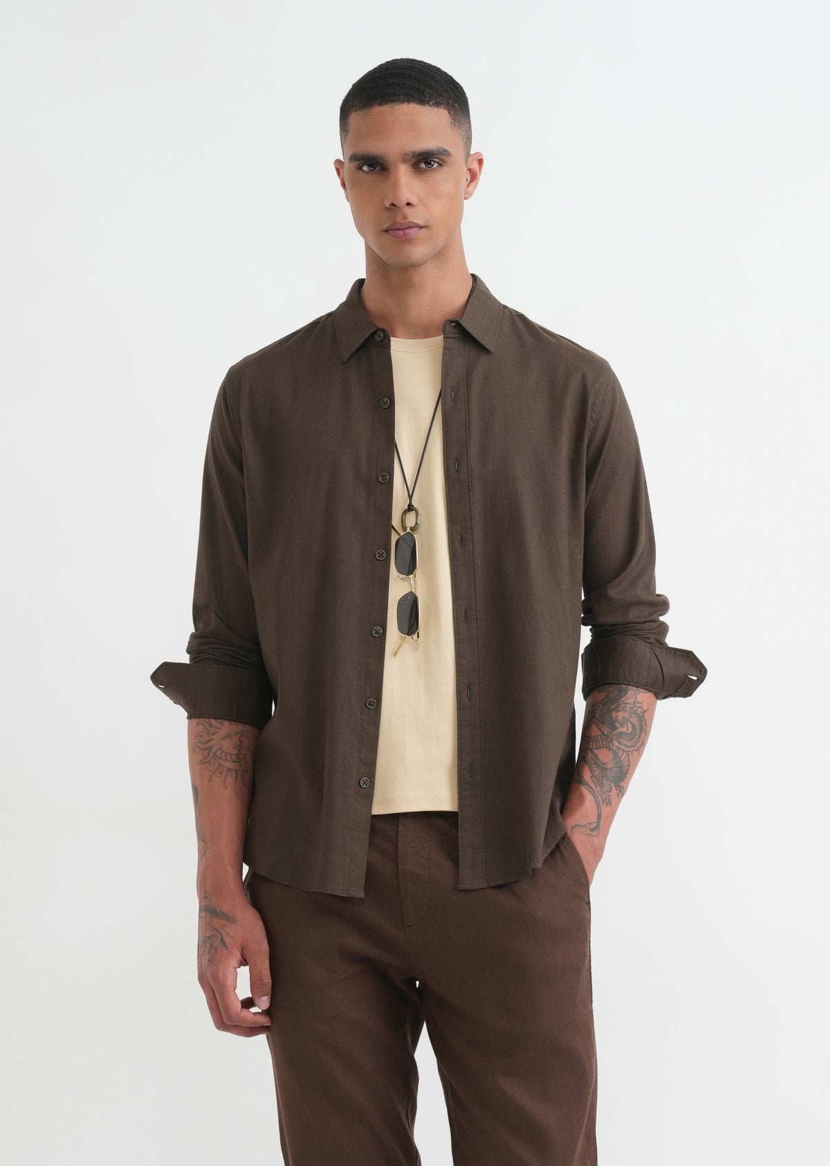 Brown Cotton Blend Regular Fit Shirt