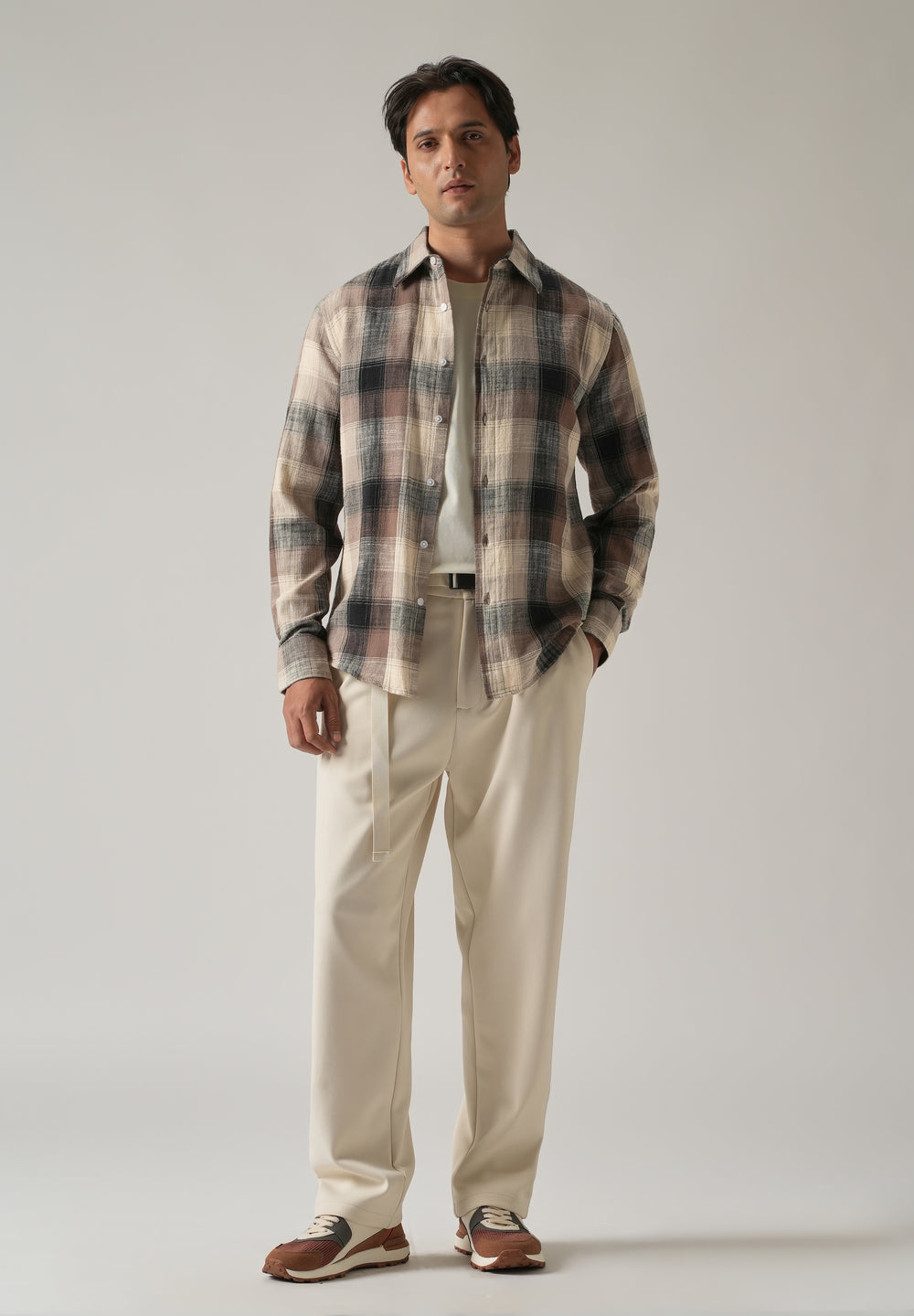 Brown Cotton Linen Box Check shirt