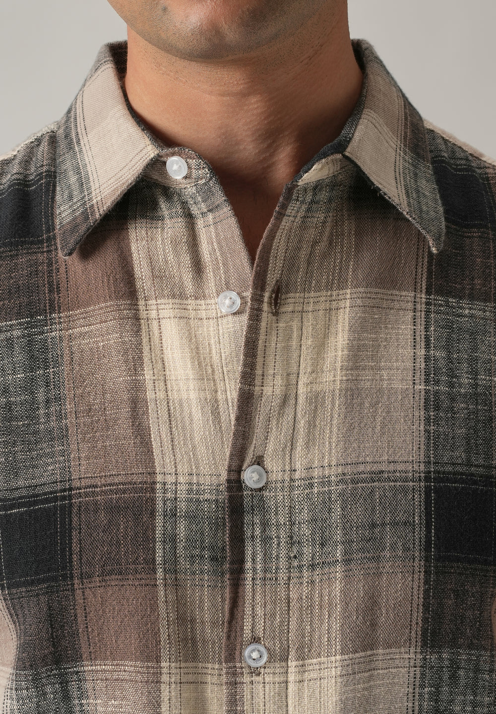 Brown Cotton Linen Box Check shirt