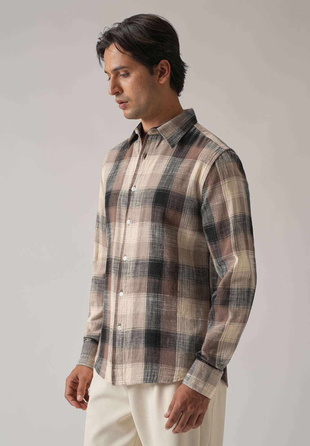 Brown Cotton Linen Box Check shirt