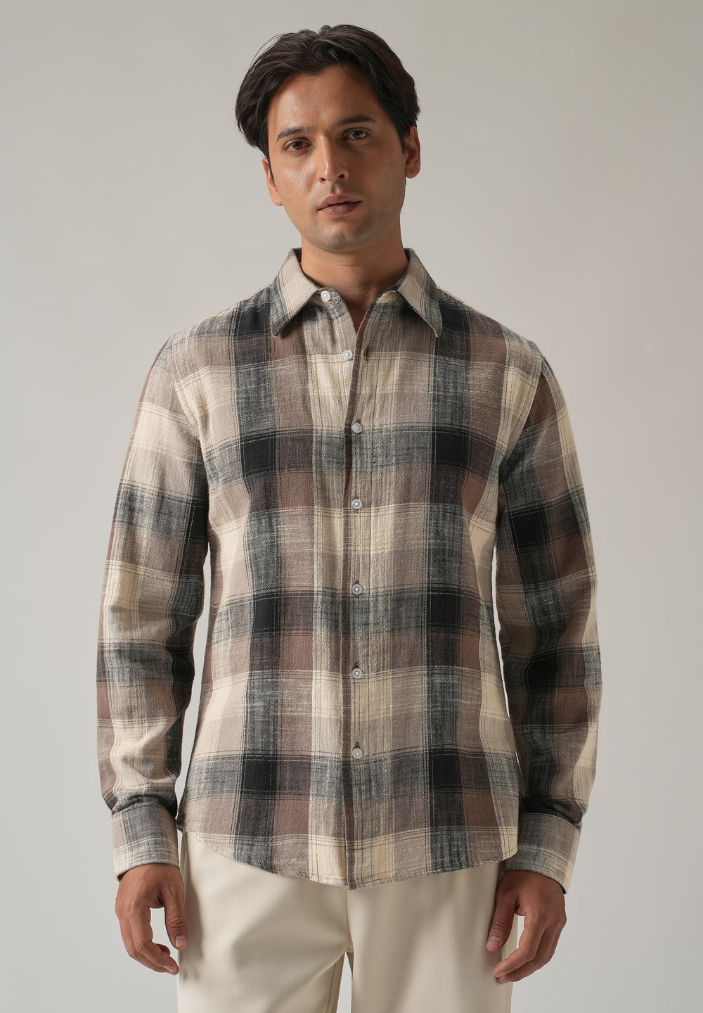 Brown Cotton Linen Box Check shirt