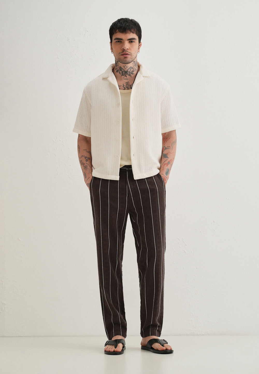Brown Dobby Cotton Stripe Pants