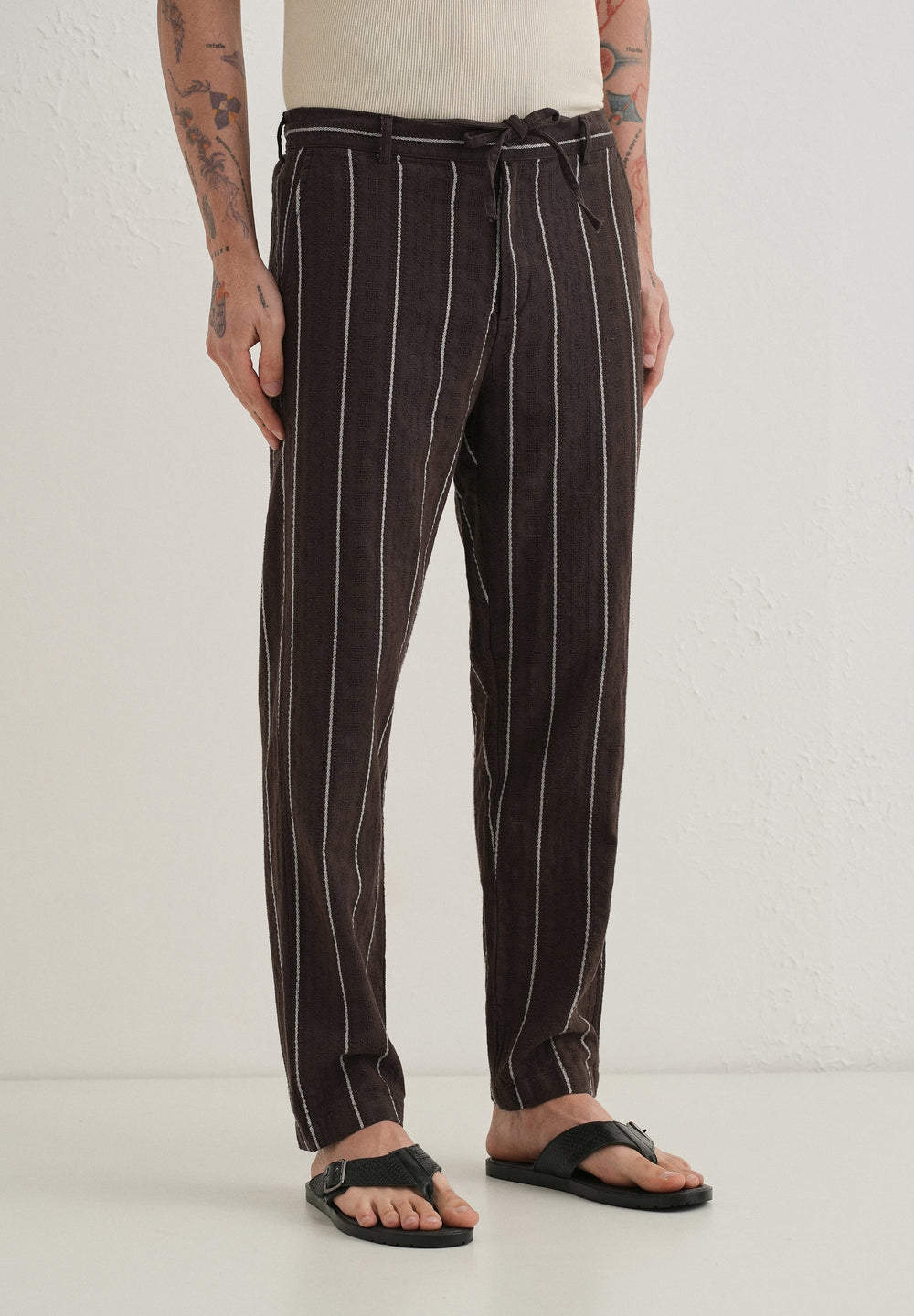 Brown Dobby Cotton Stripe Pants