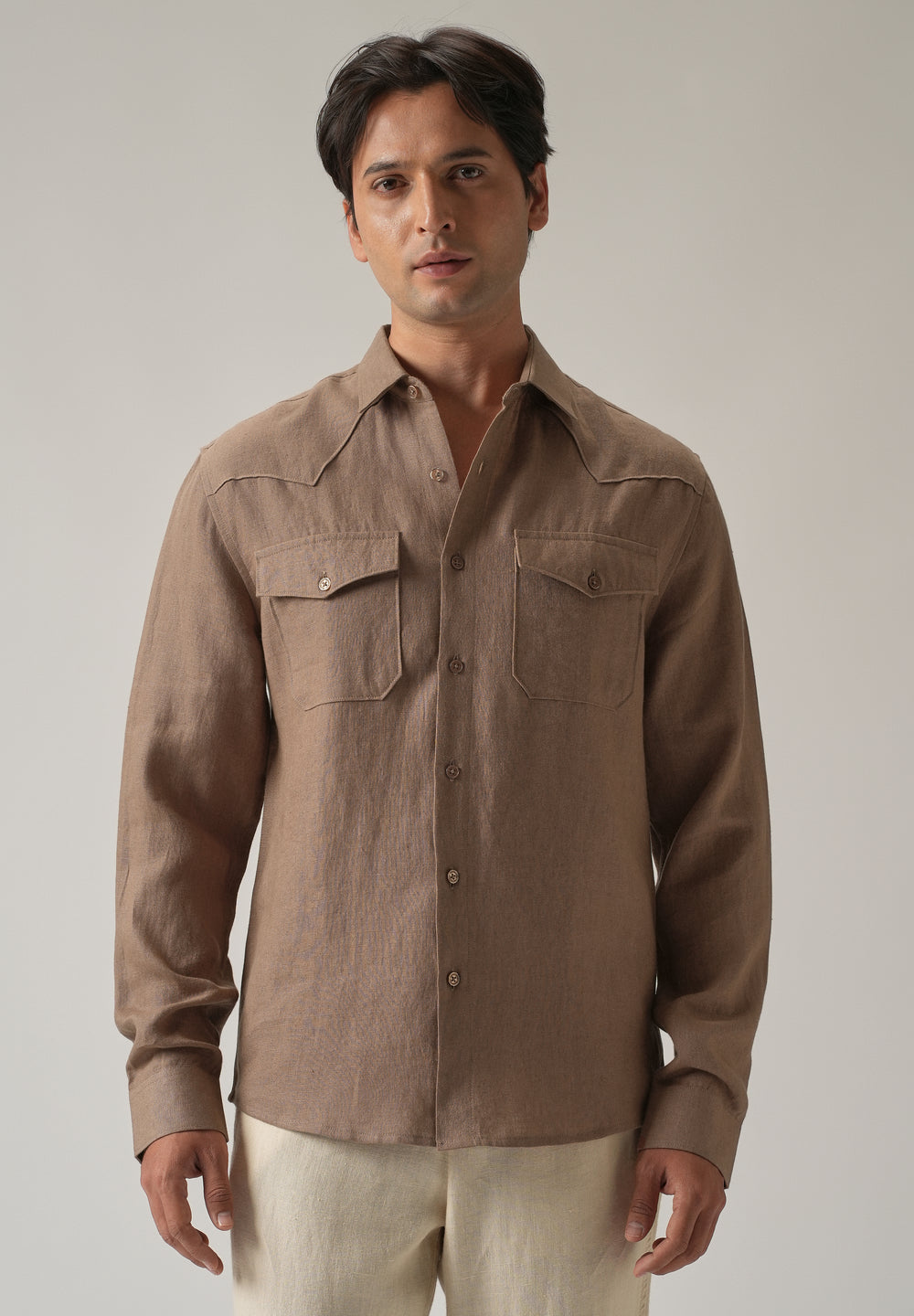 Brown Double Pocket 100% Pure Irish Linen Shirt
