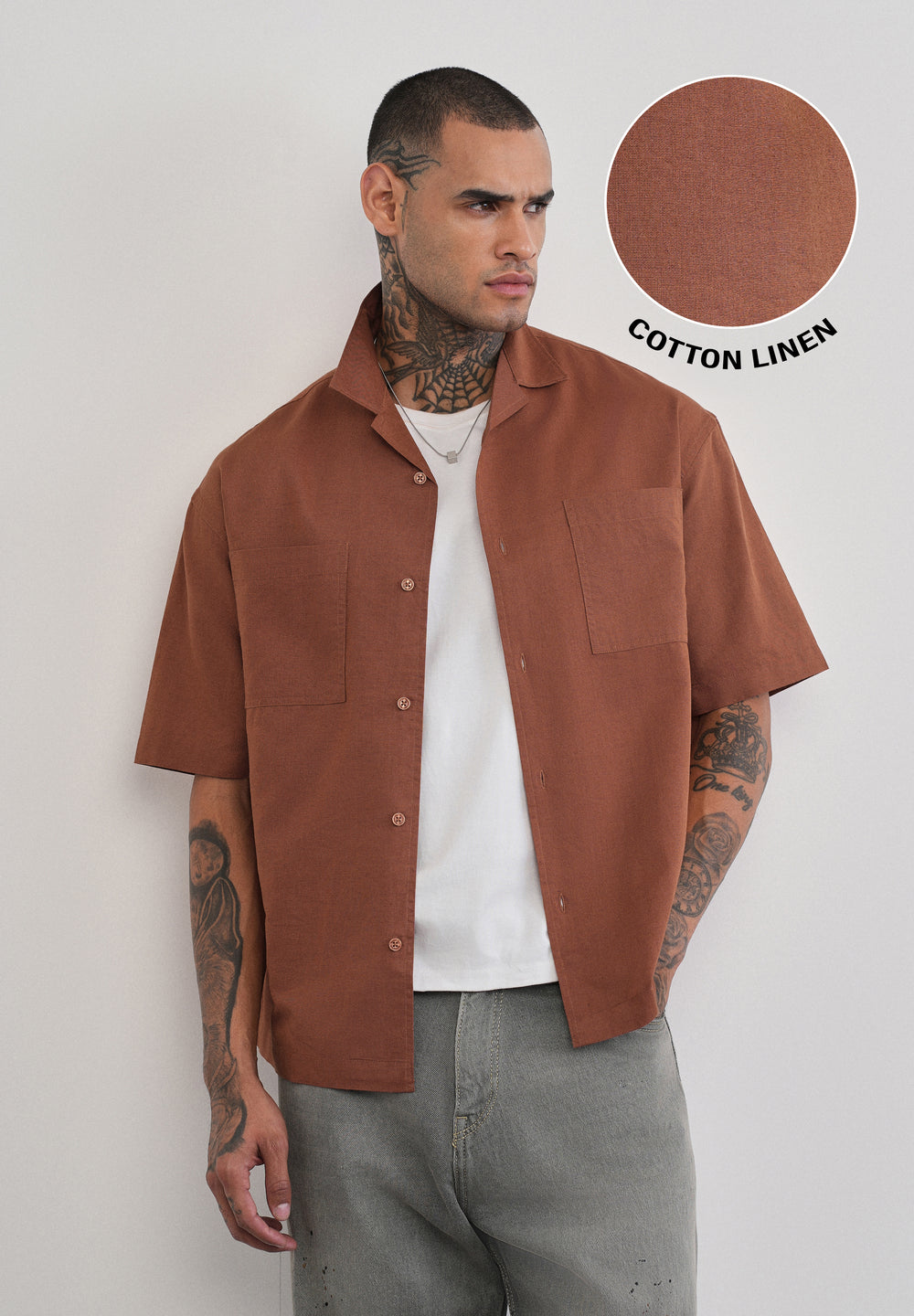 Brown Double Pocket Cotton Linen Shirt