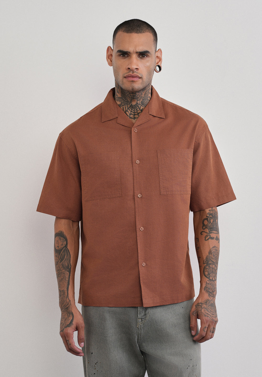 Brown Double Pocket Cotton Linen Shirt