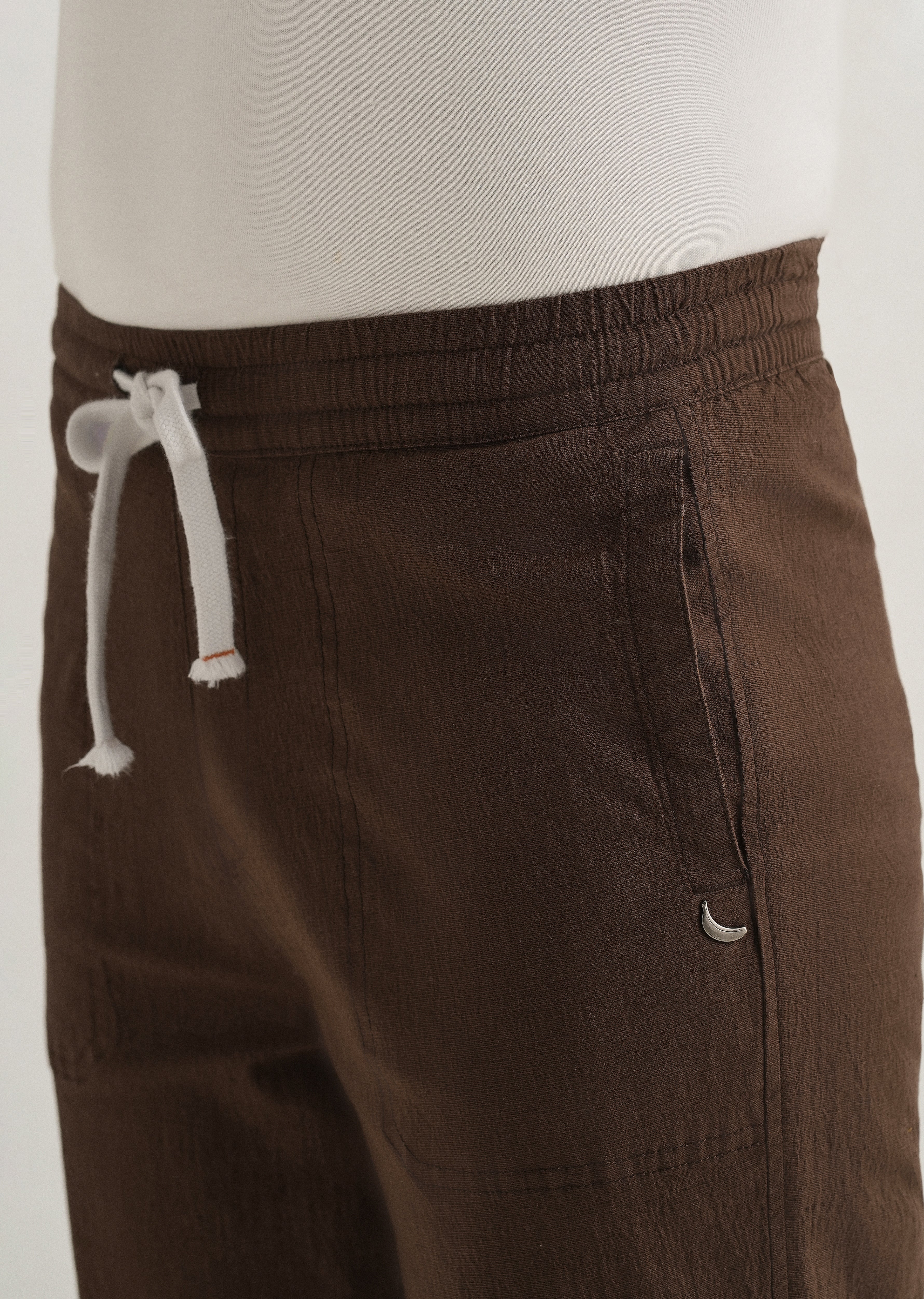 Brown Drawstring Cotton Linen Pant