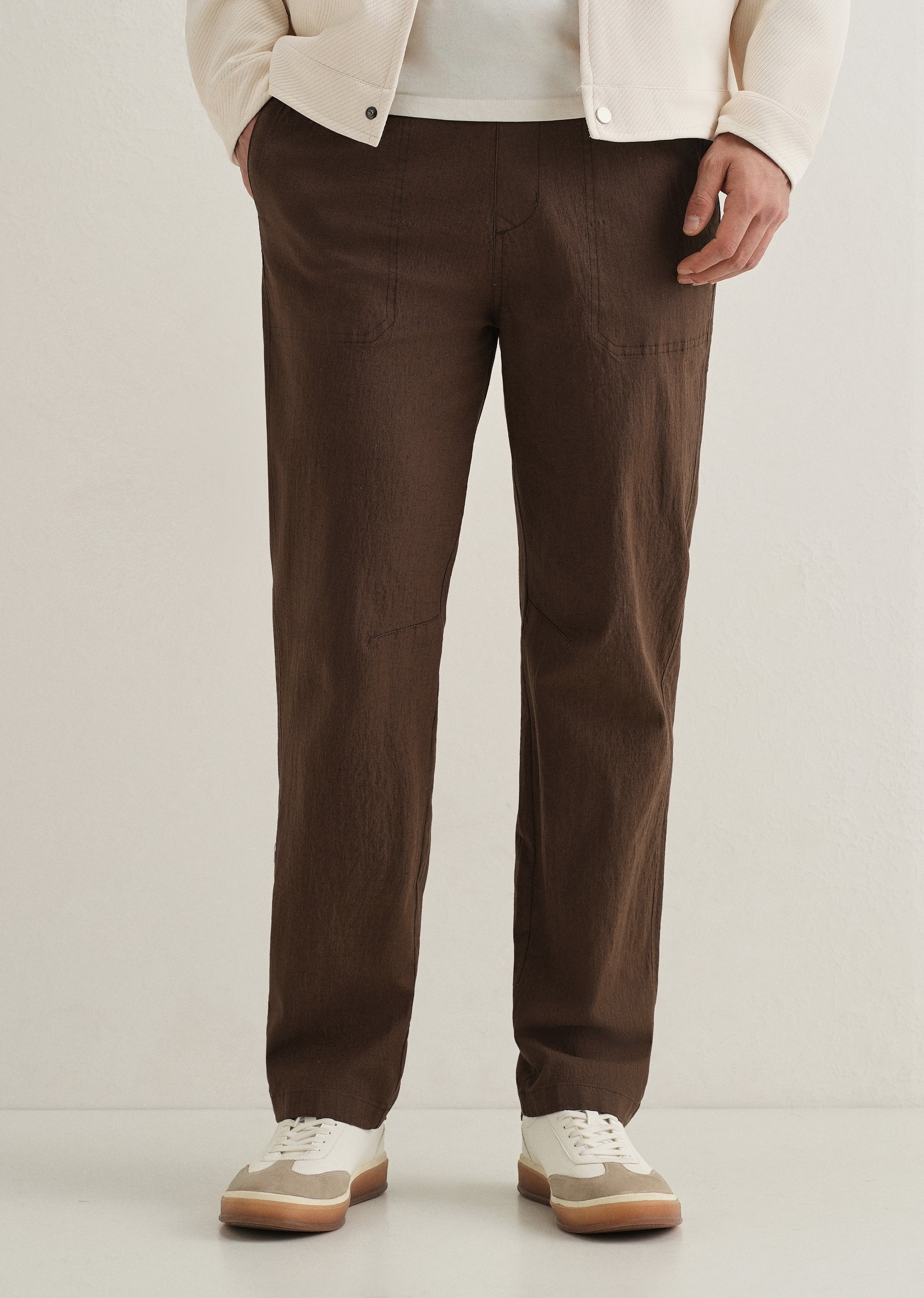 Brown Drawstring Cotton Linen Pant