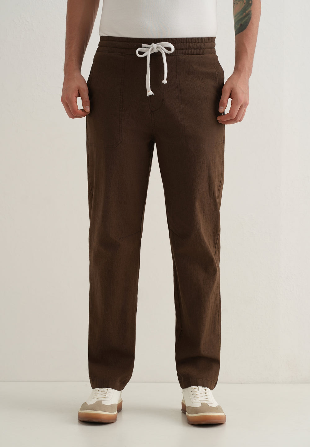 Brown Drawstring Cotton Linen Pant