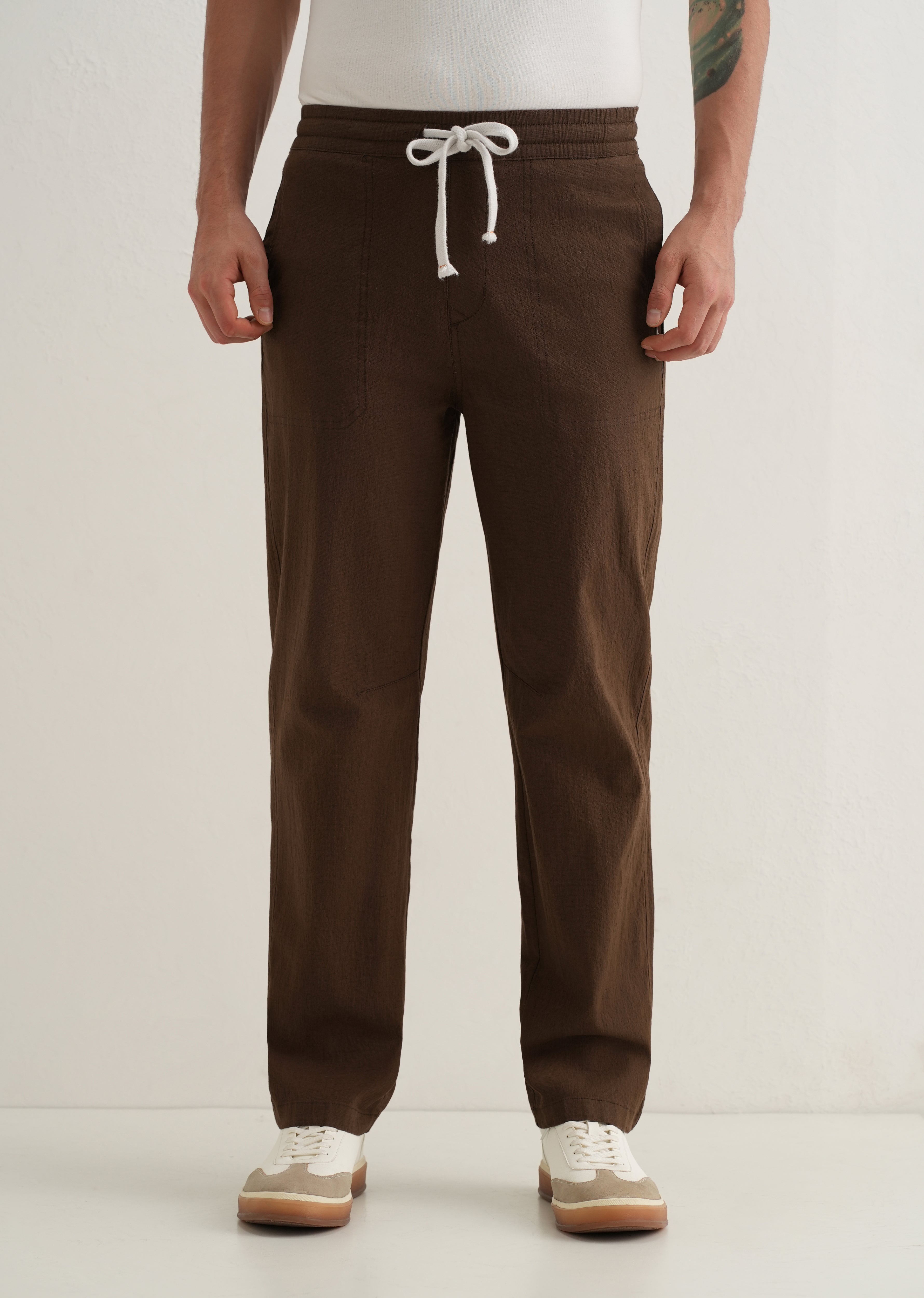 Brown Drawstring Cotton Linen Pant
