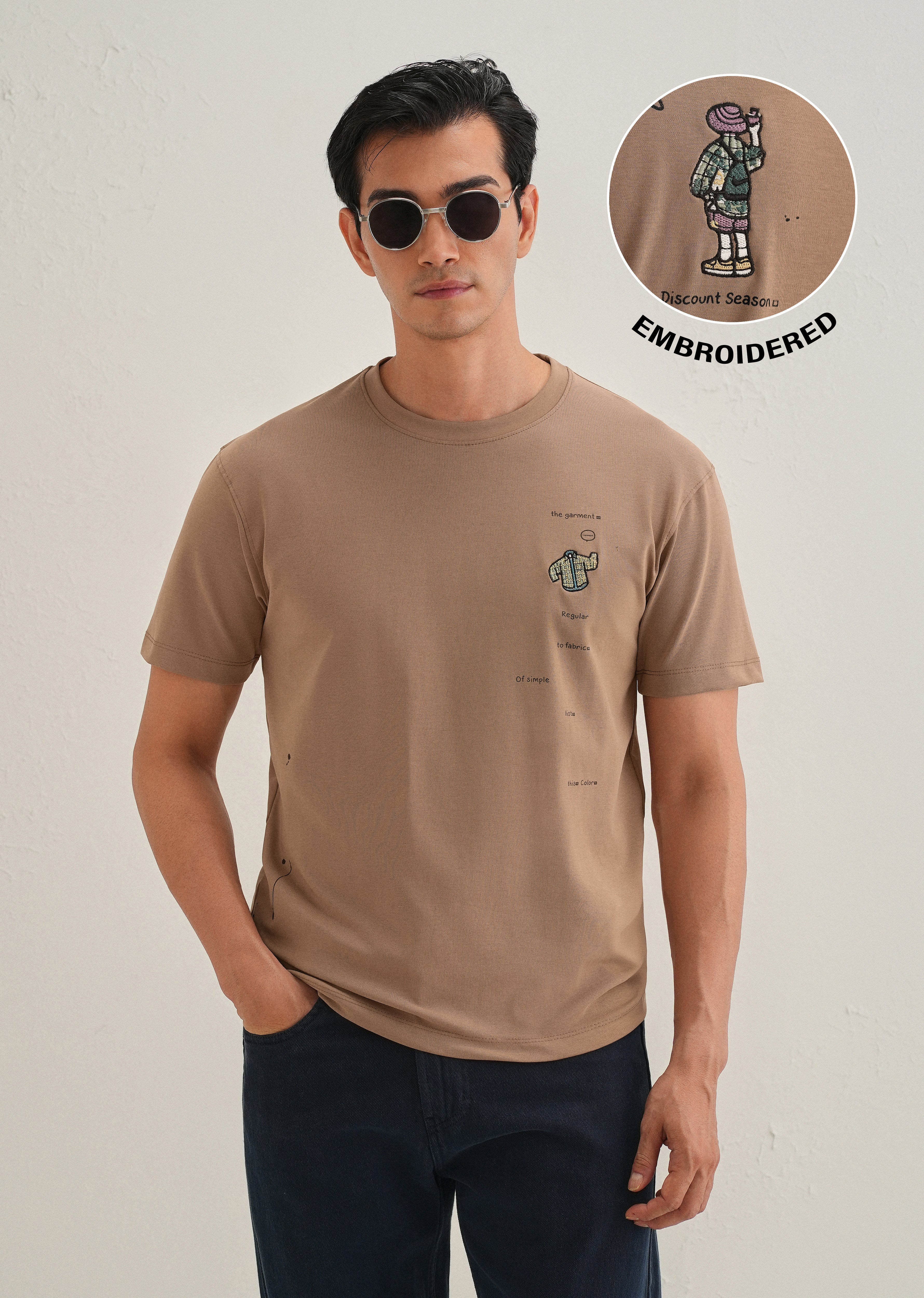 Brown Embroidered Regular Fit T-Shirt