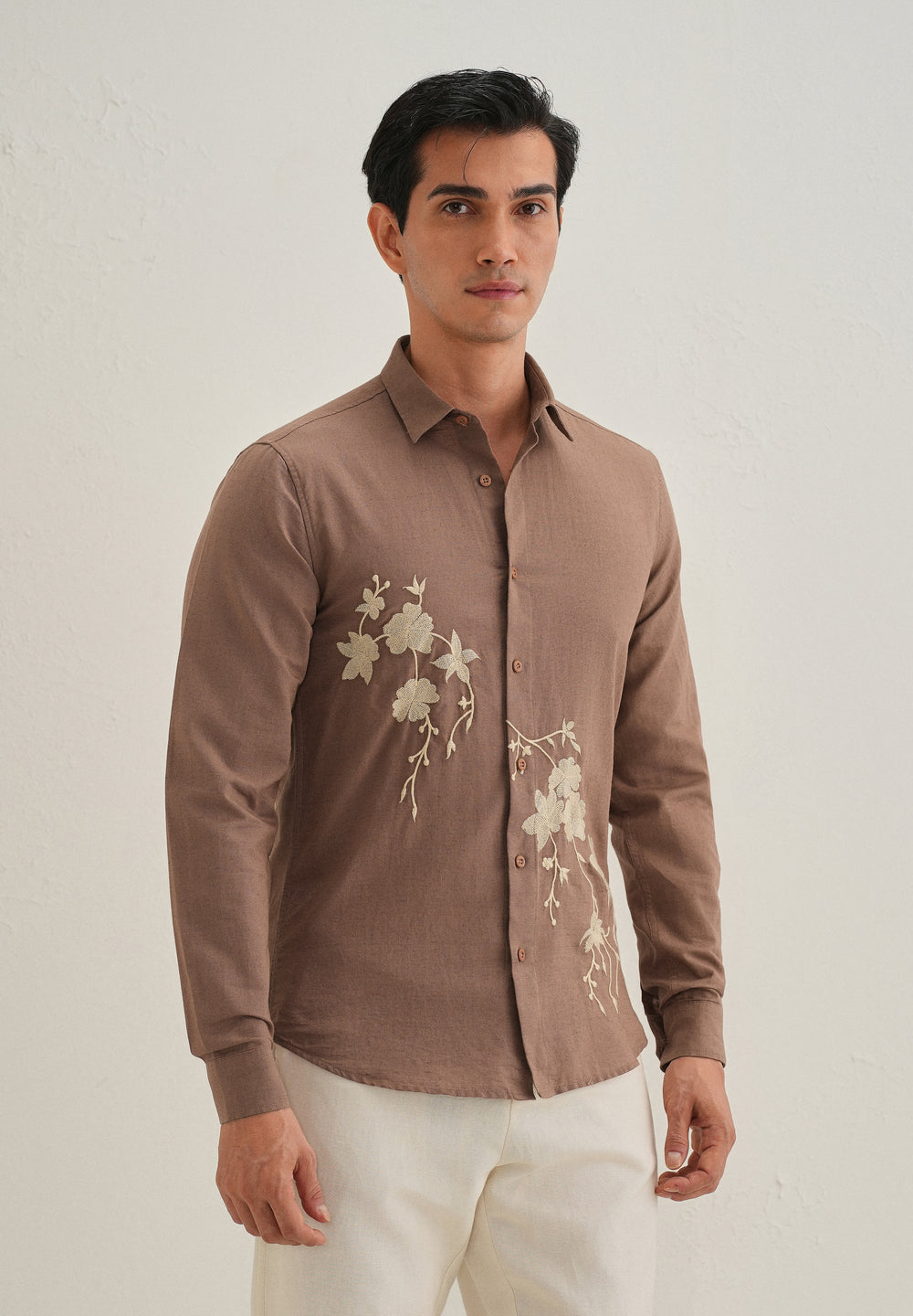 Brown Floral Embroidered Cuban Collar Shirt
