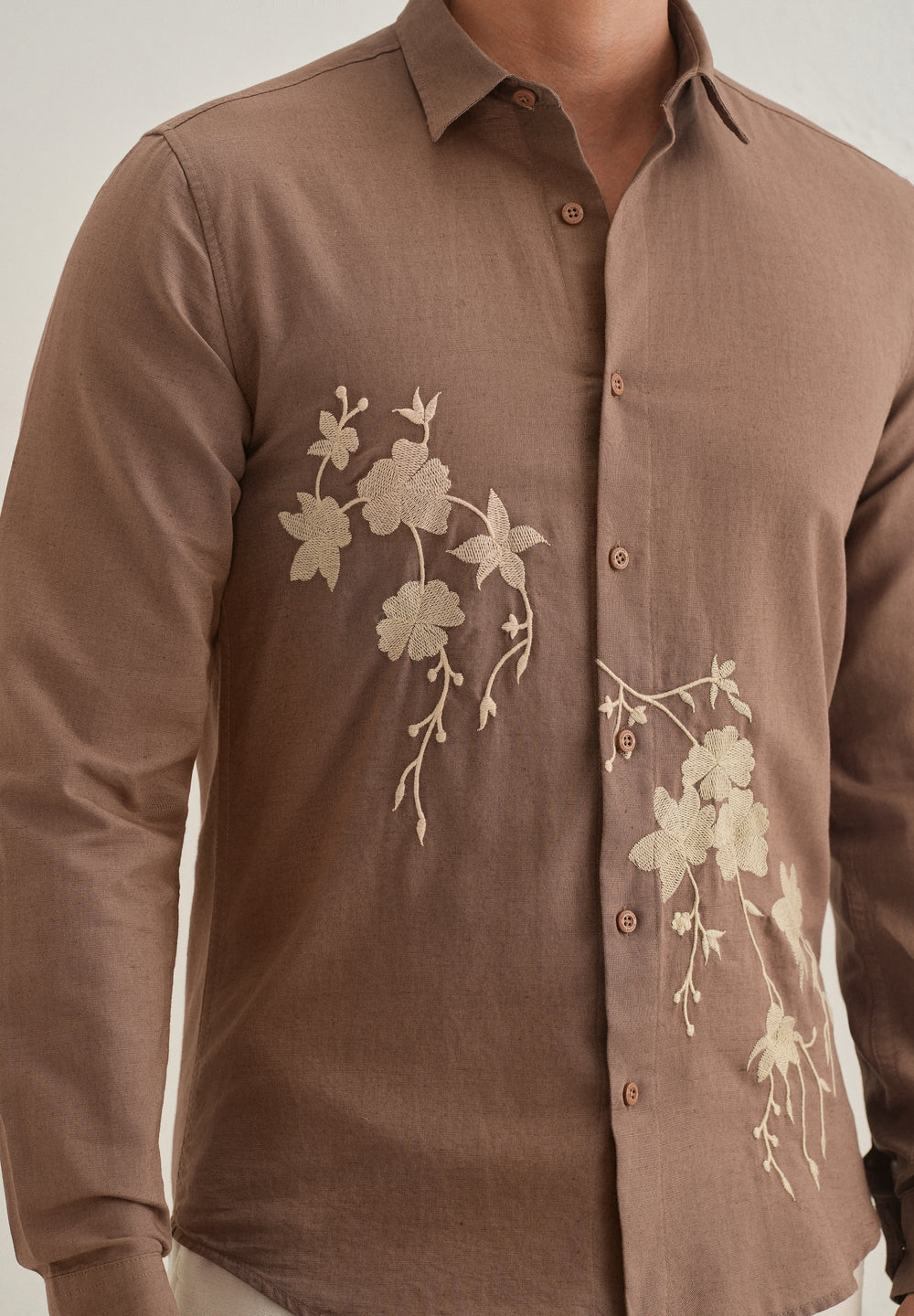 Brown Floral Embroidered Cuban Collar Shirt