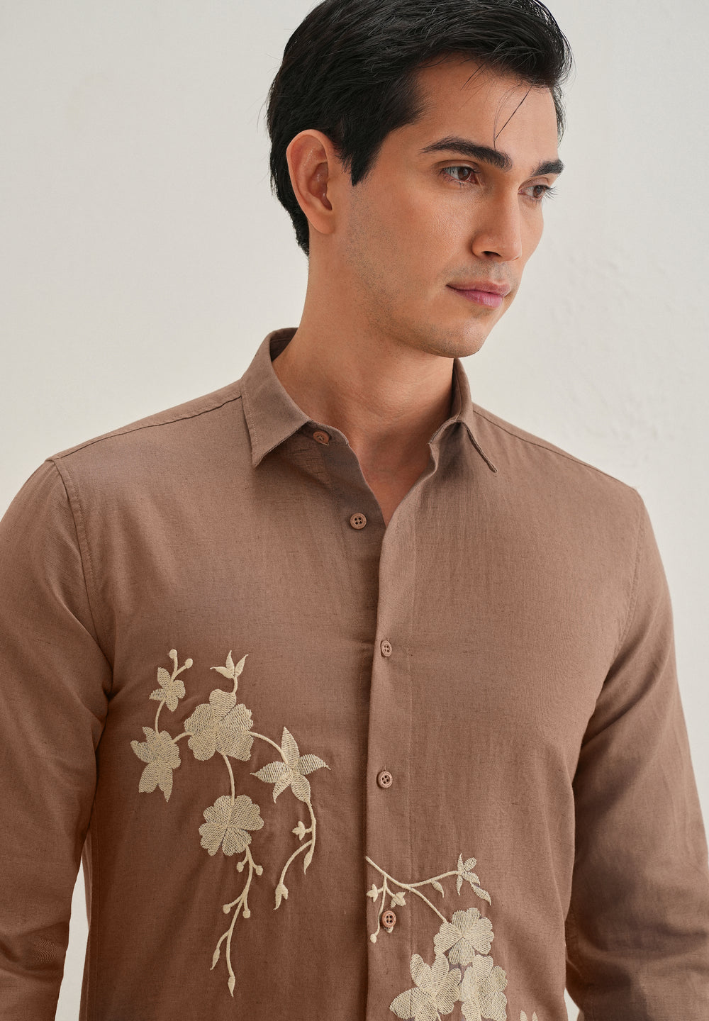 Brown Floral Embroidered Cuban Collar Shirt
