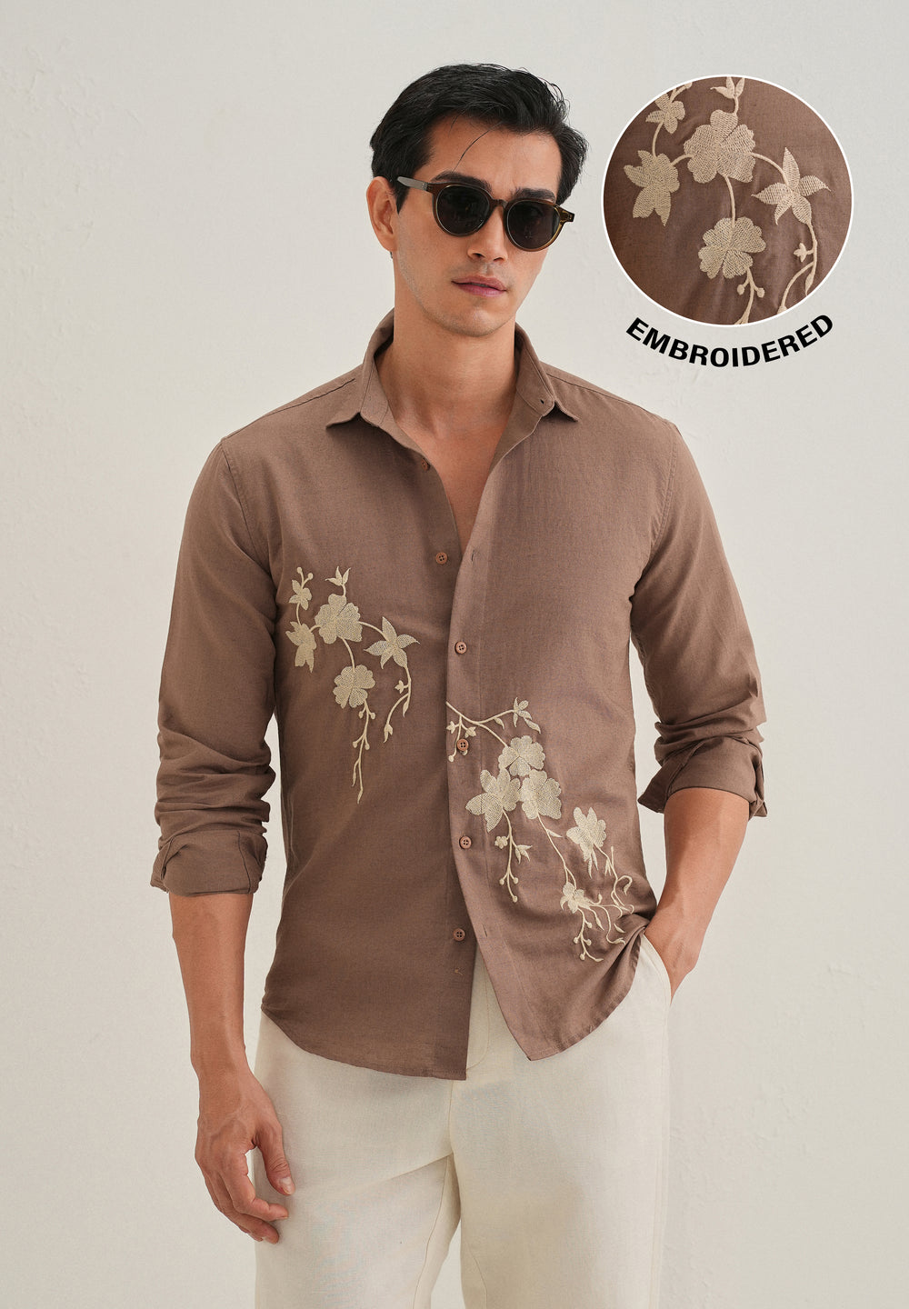 Brown Floral Embroidered Cuban Collar Shirt