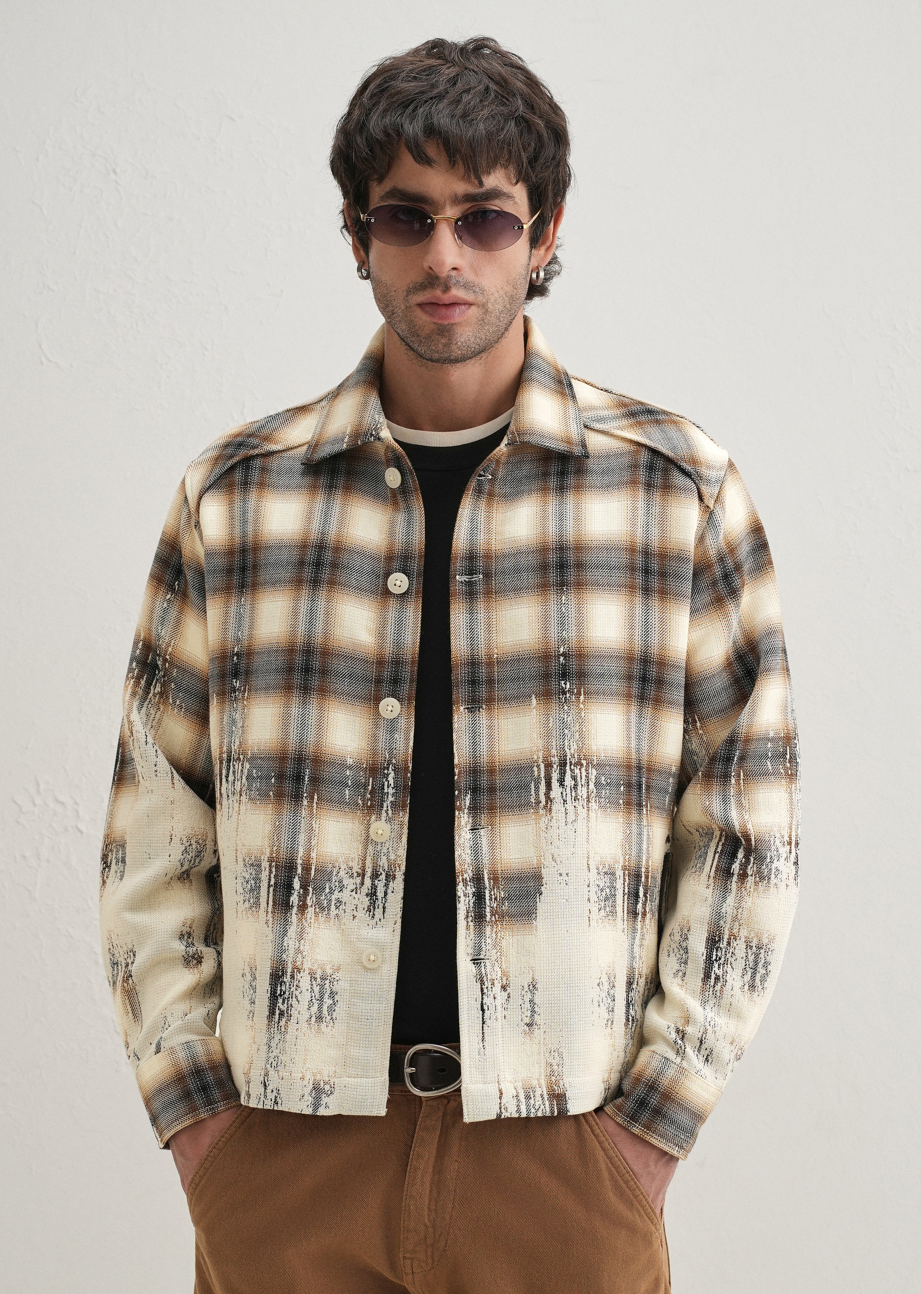 Brown Gradient Grunge Check Shacket