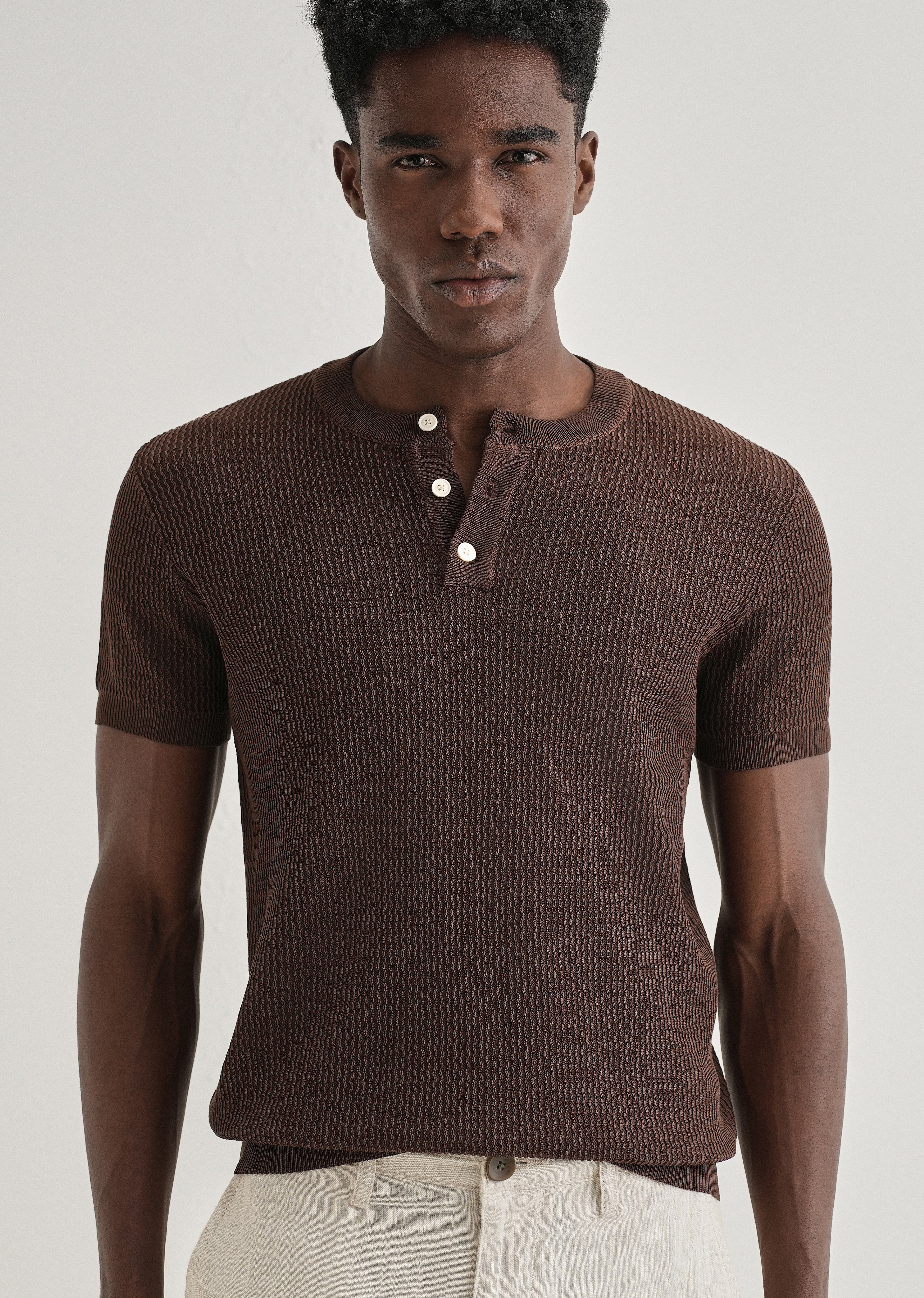Brown Henley Neck Knitted T-shirt