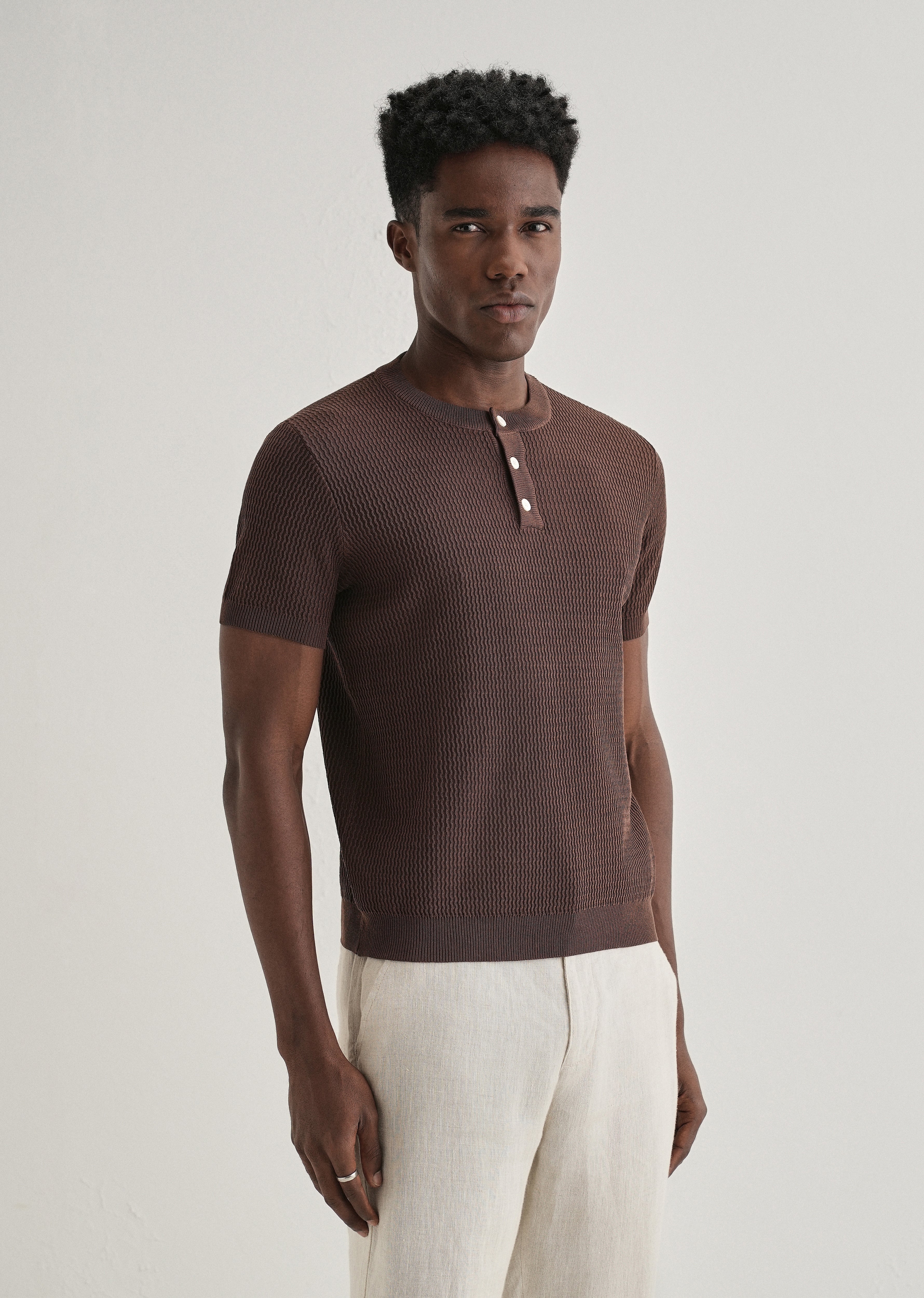Brown Henley Neck Knitted T-shirt