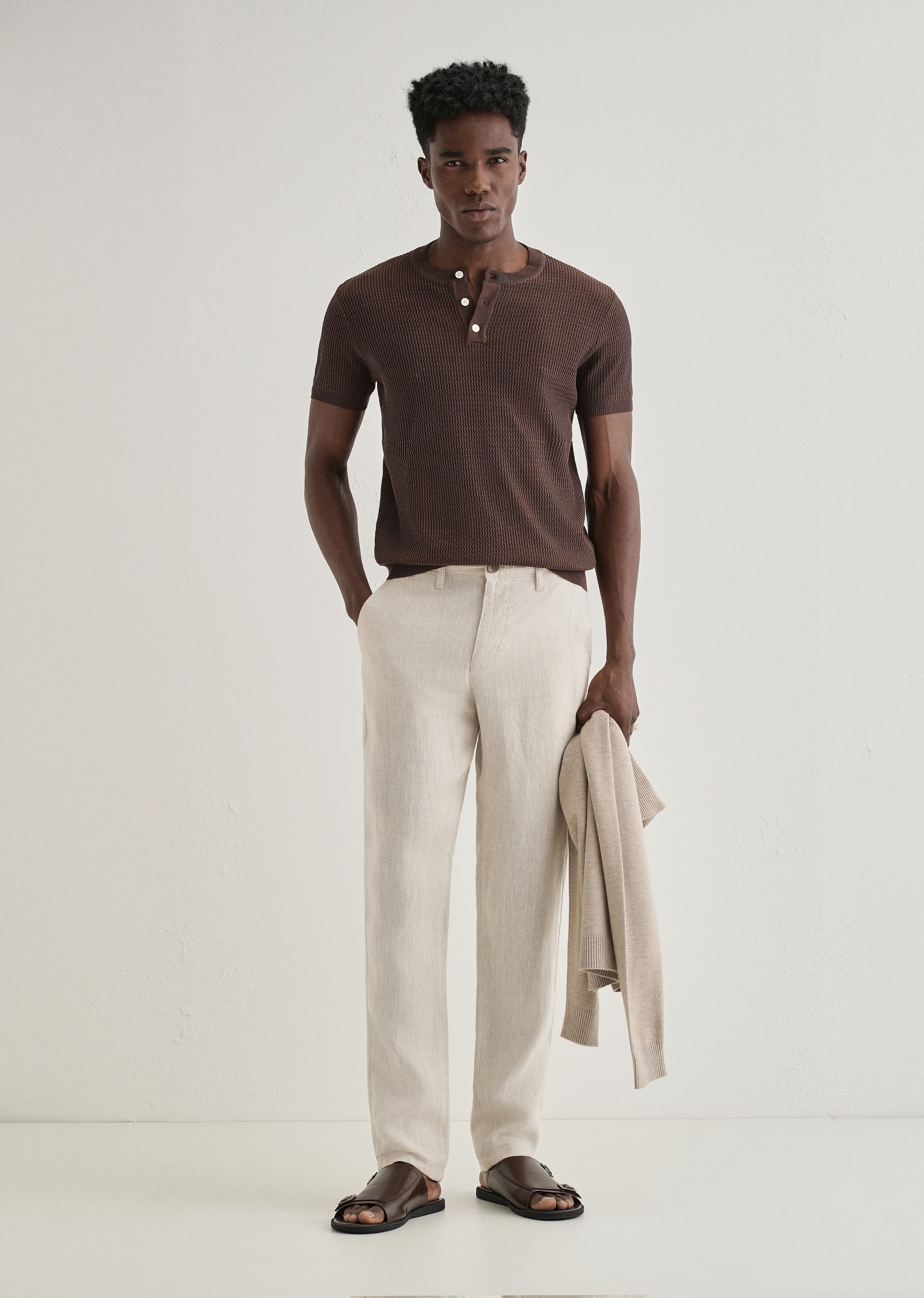 Brown Henley Neck Knitted T-shirt