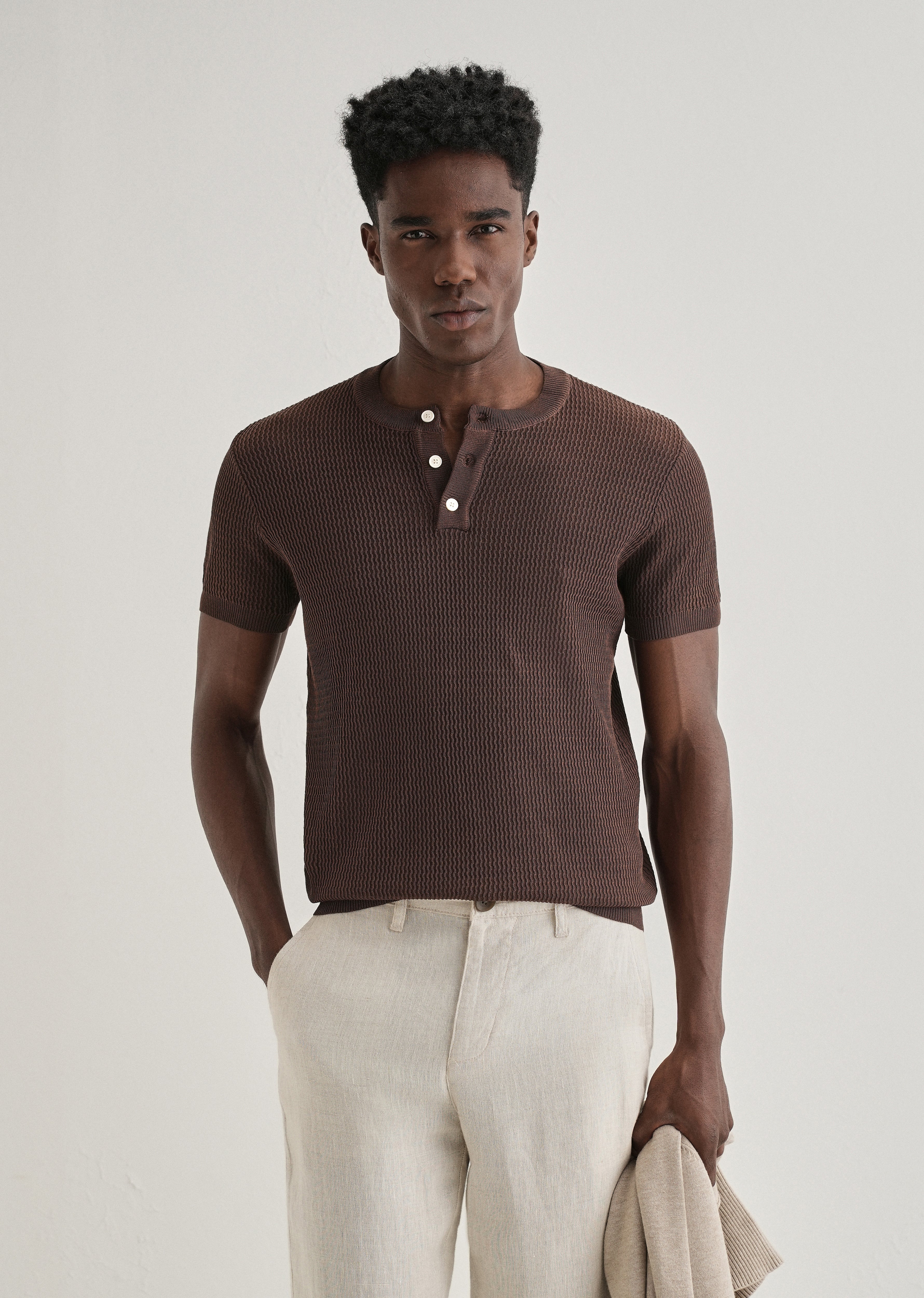 Brown Henley Neck Knitted T-shirt