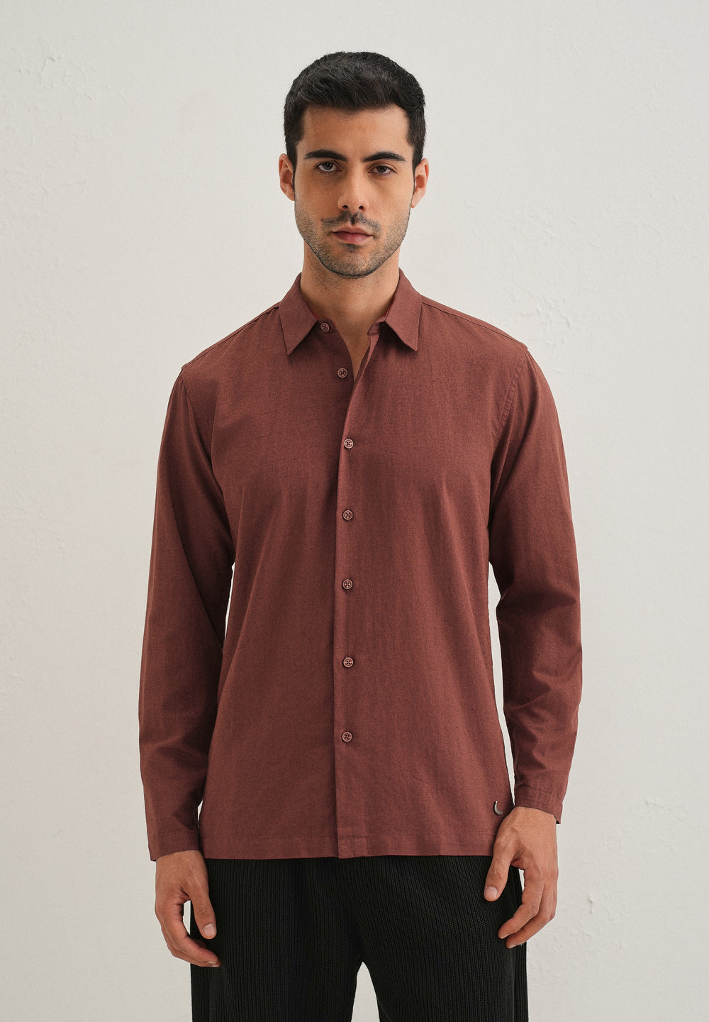 Brown Hidden Sleeve Placket Cotton Linen Shirt