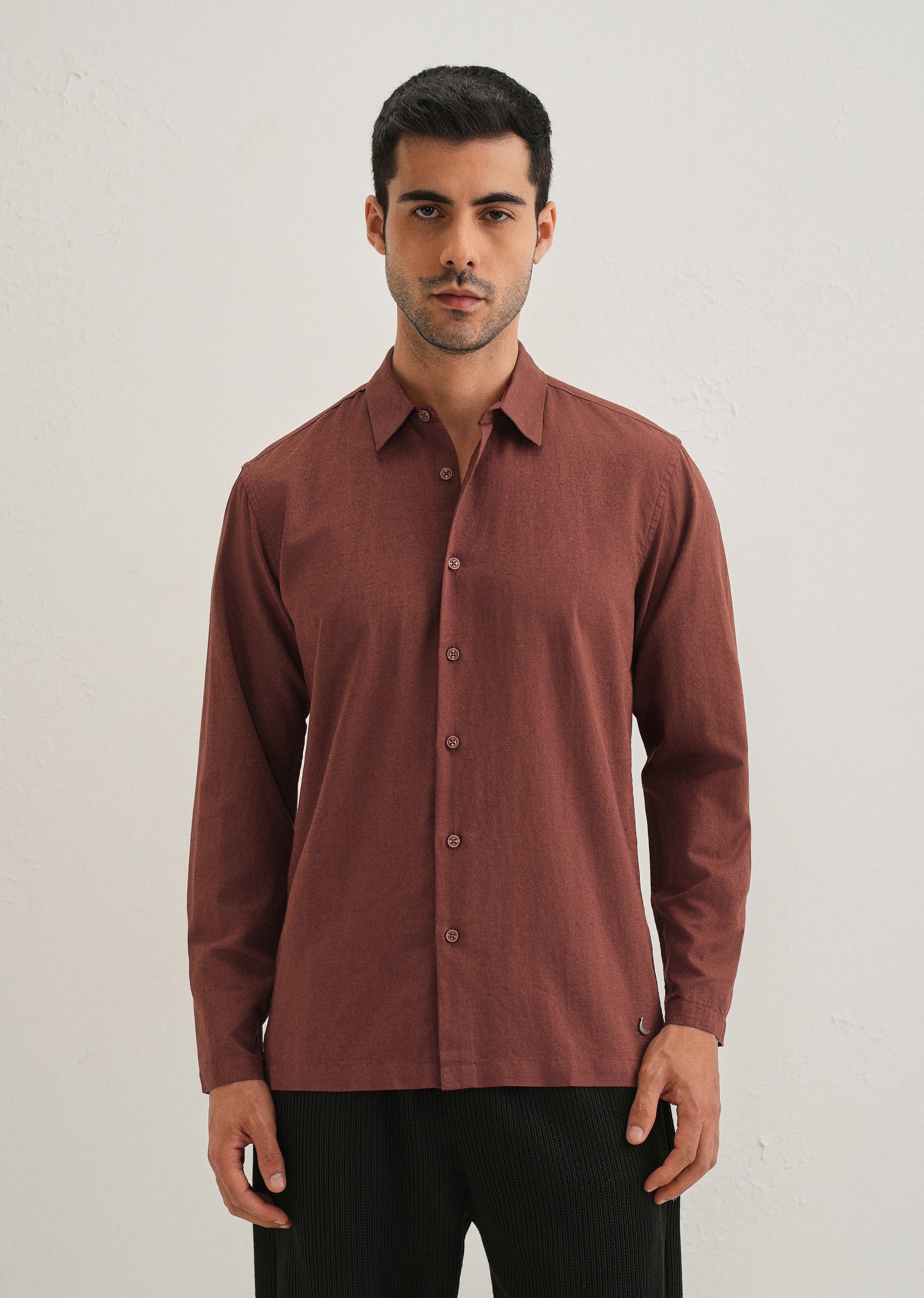 Brown Hidden Sleeve Placket Cotton Linen Shirt