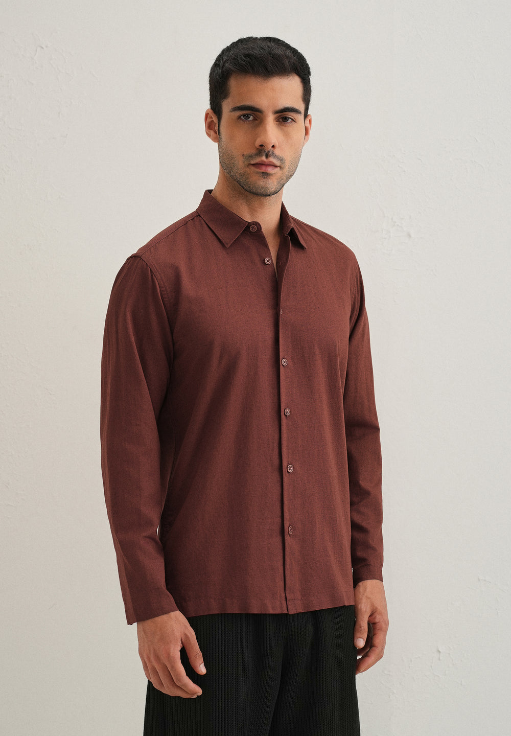 Brown Hidden Sleeve Placket Cotton Linen Shirt