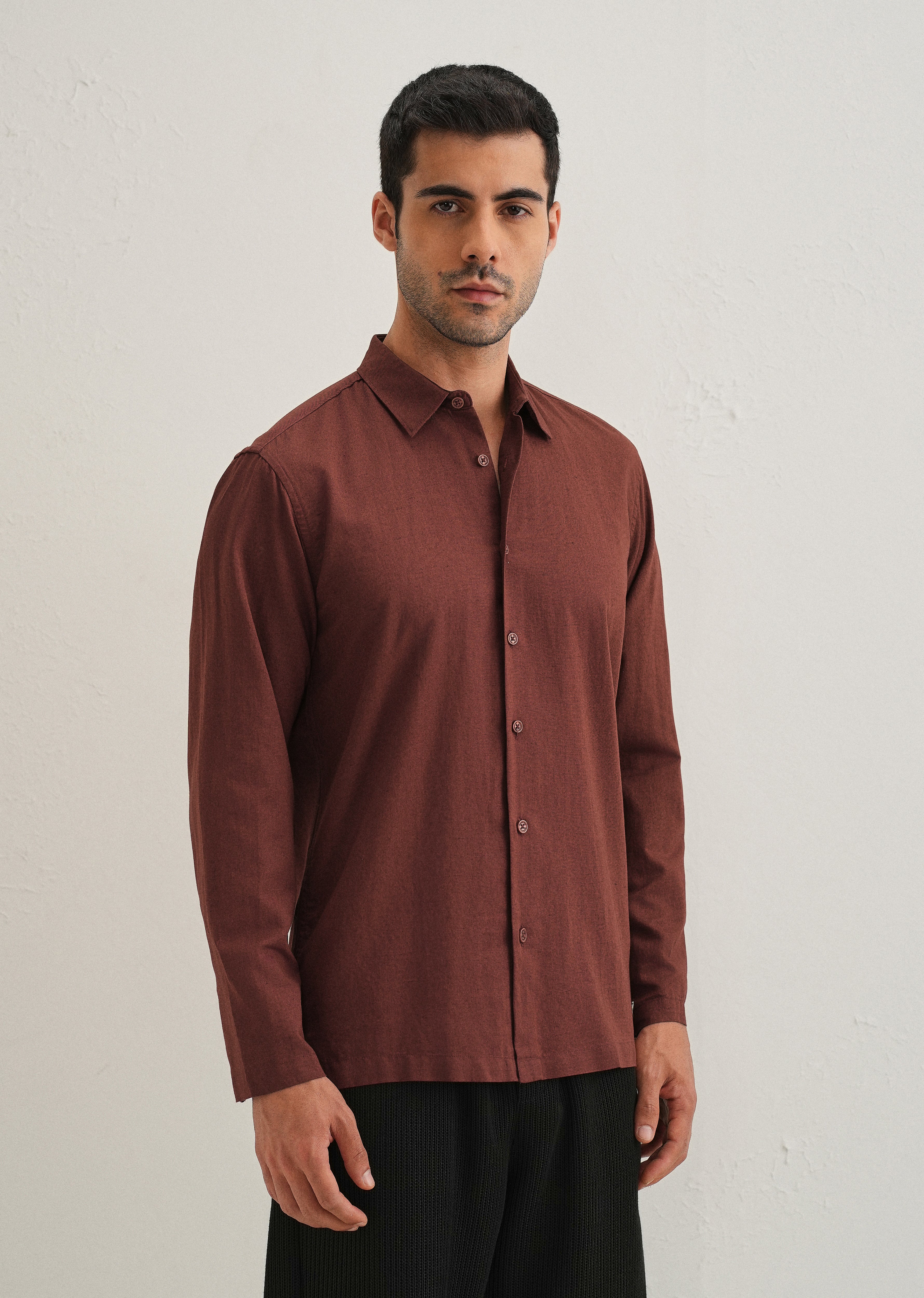 Brown Hidden Sleeve Placket Cotton Linen Shirt