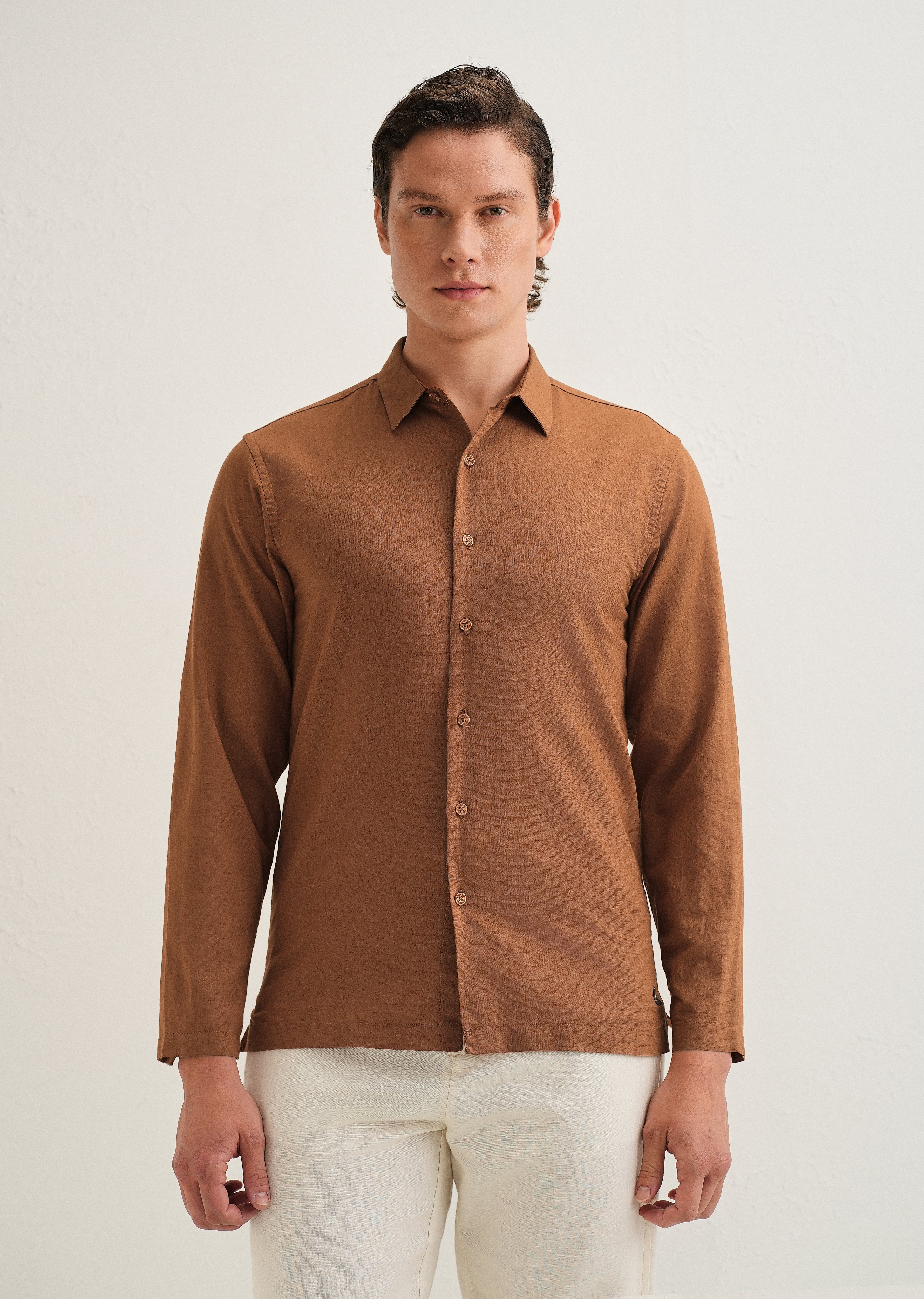 Terracotta Brown Hidden Sleeve Placket Cotton Linen Shirt