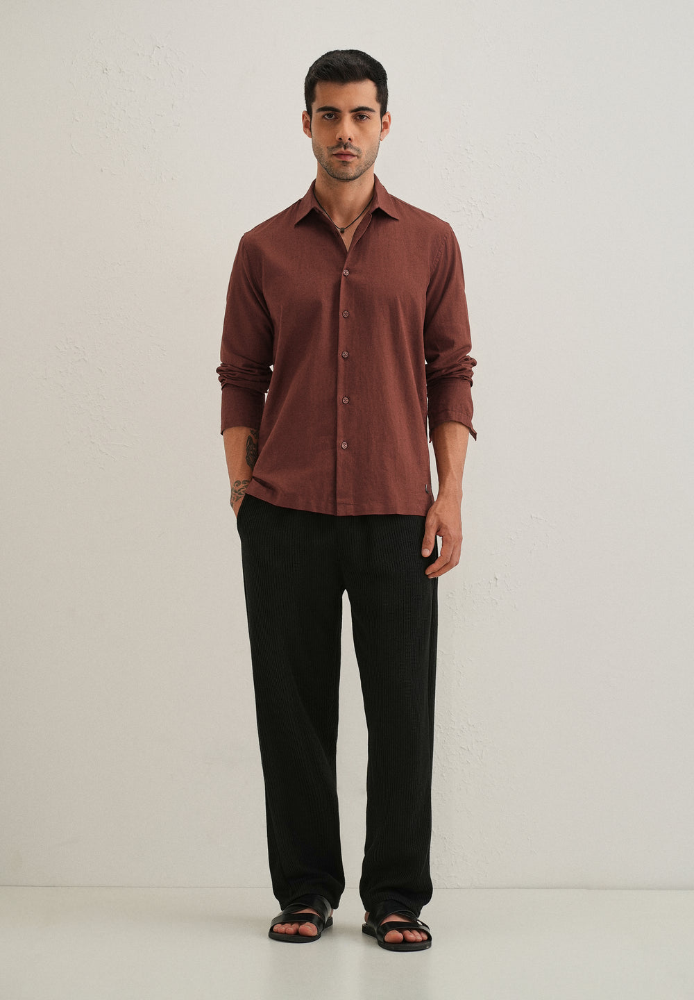 Brown Hidden Sleeve Placket Cotton Linen Shirt