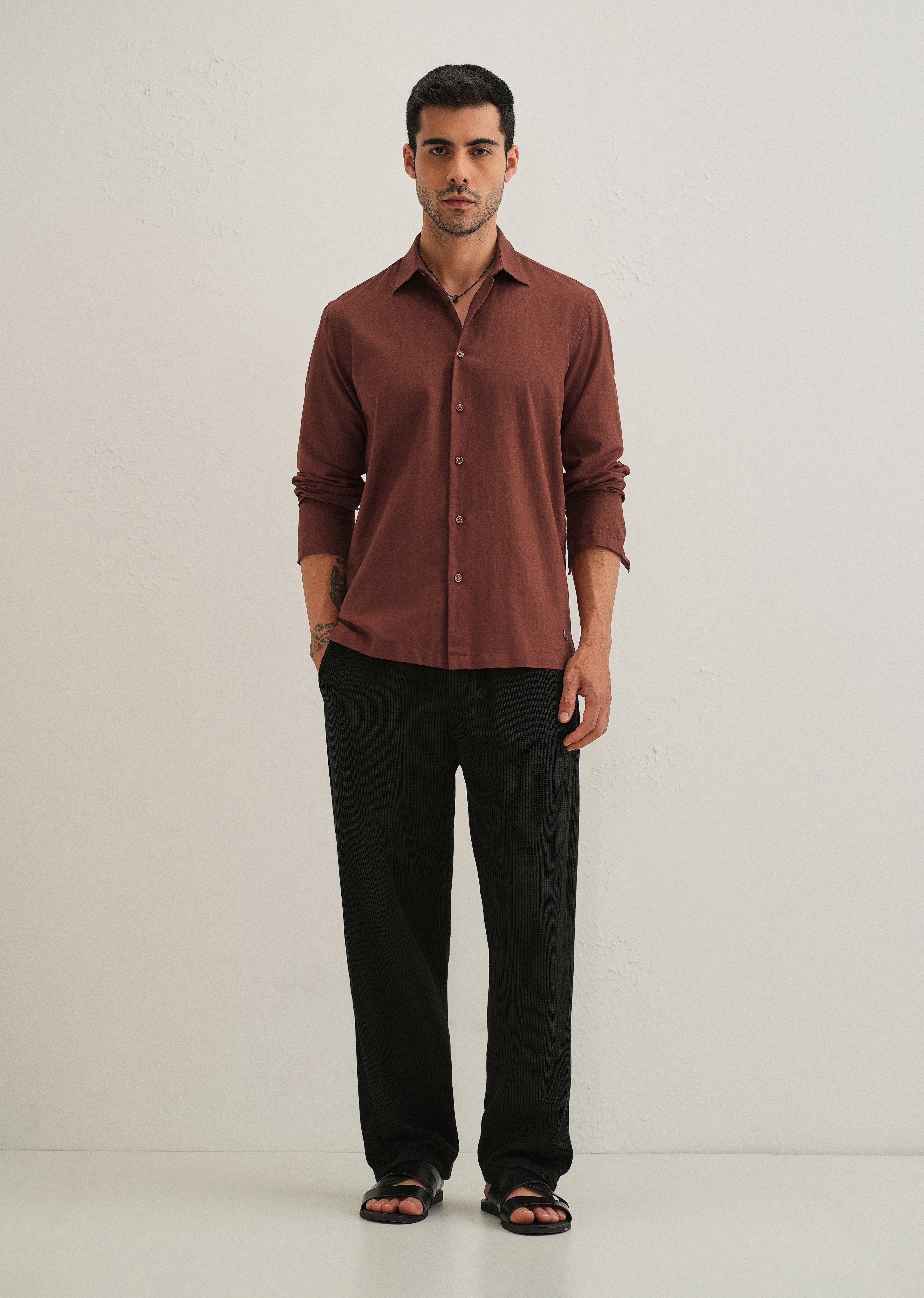 Brown Hidden Sleeve Placket Cotton Linen Shirt