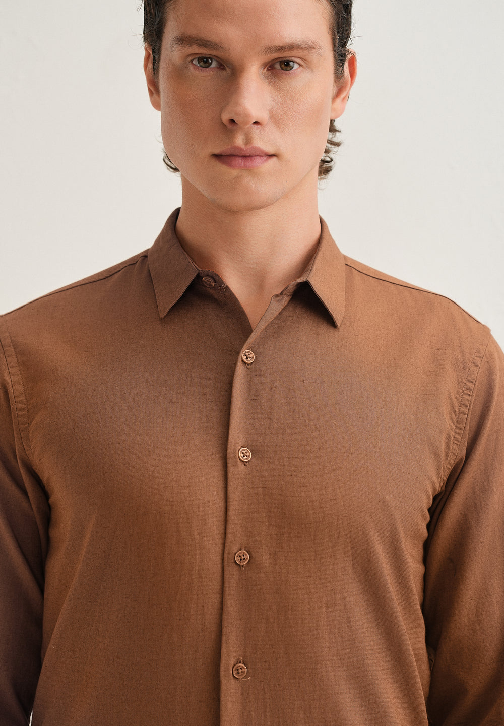 Terracotta Brown Hidden Sleeve Placket Cotton Linen Shirt