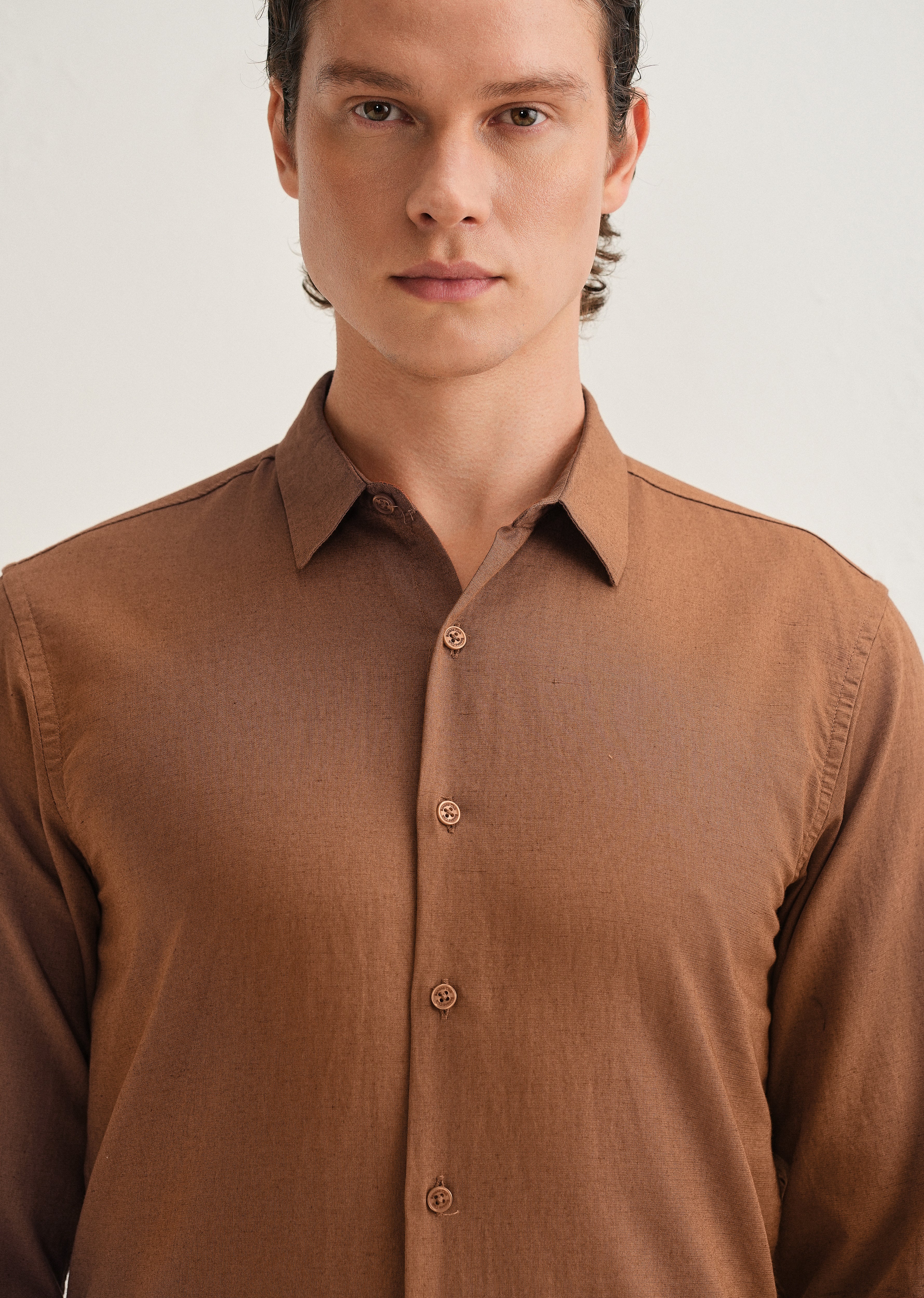 Terracotta Brown Hidden Sleeve Placket Cotton Linen Shirt