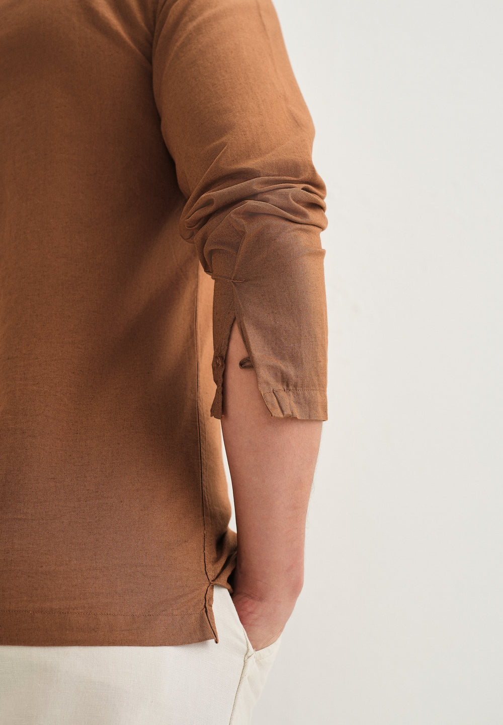 Terracotta Brown Hidden Sleeve Placket Cotton Linen Shirt