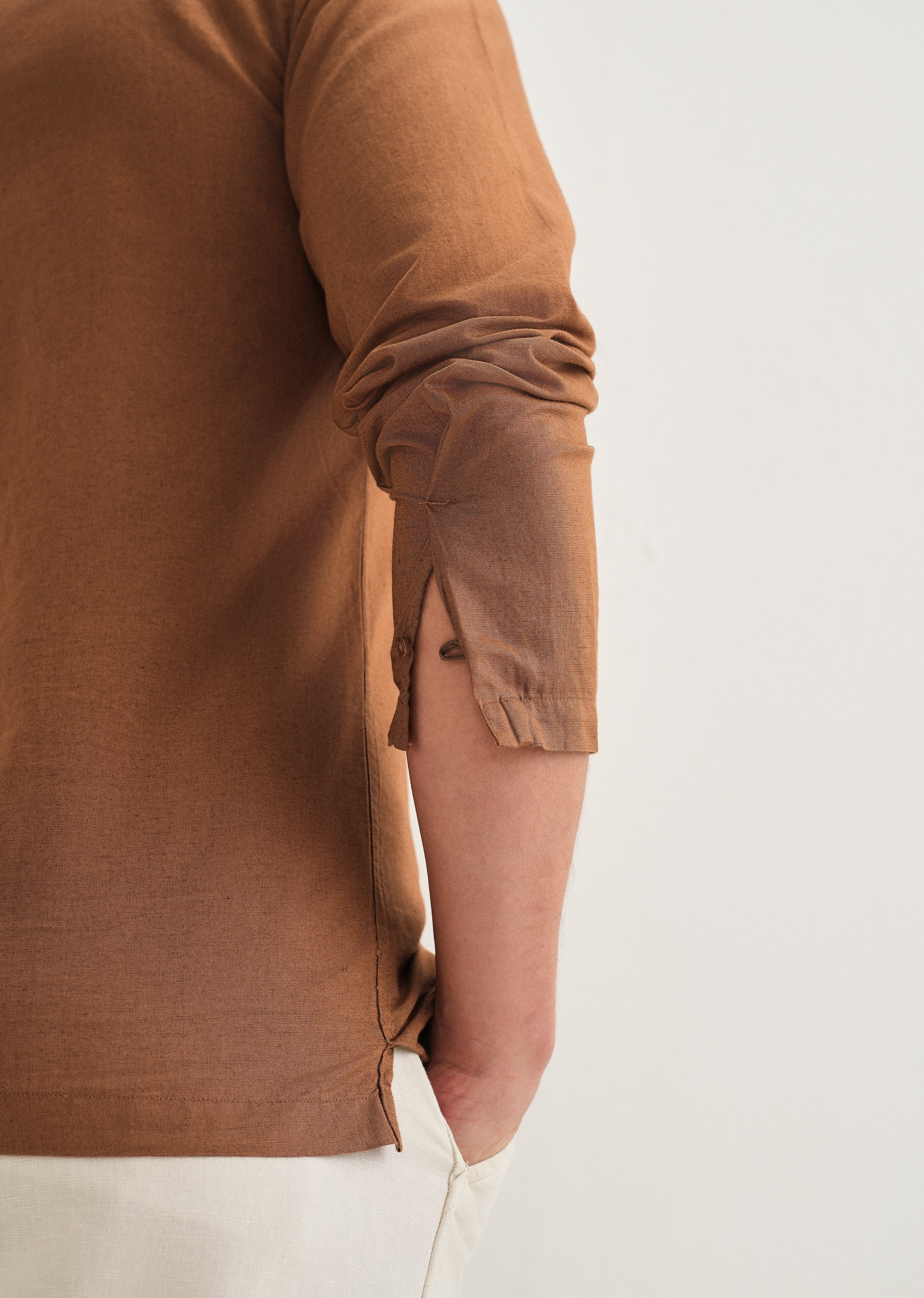 Terracotta Brown Hidden Sleeve Placket Cotton Linen Shirt