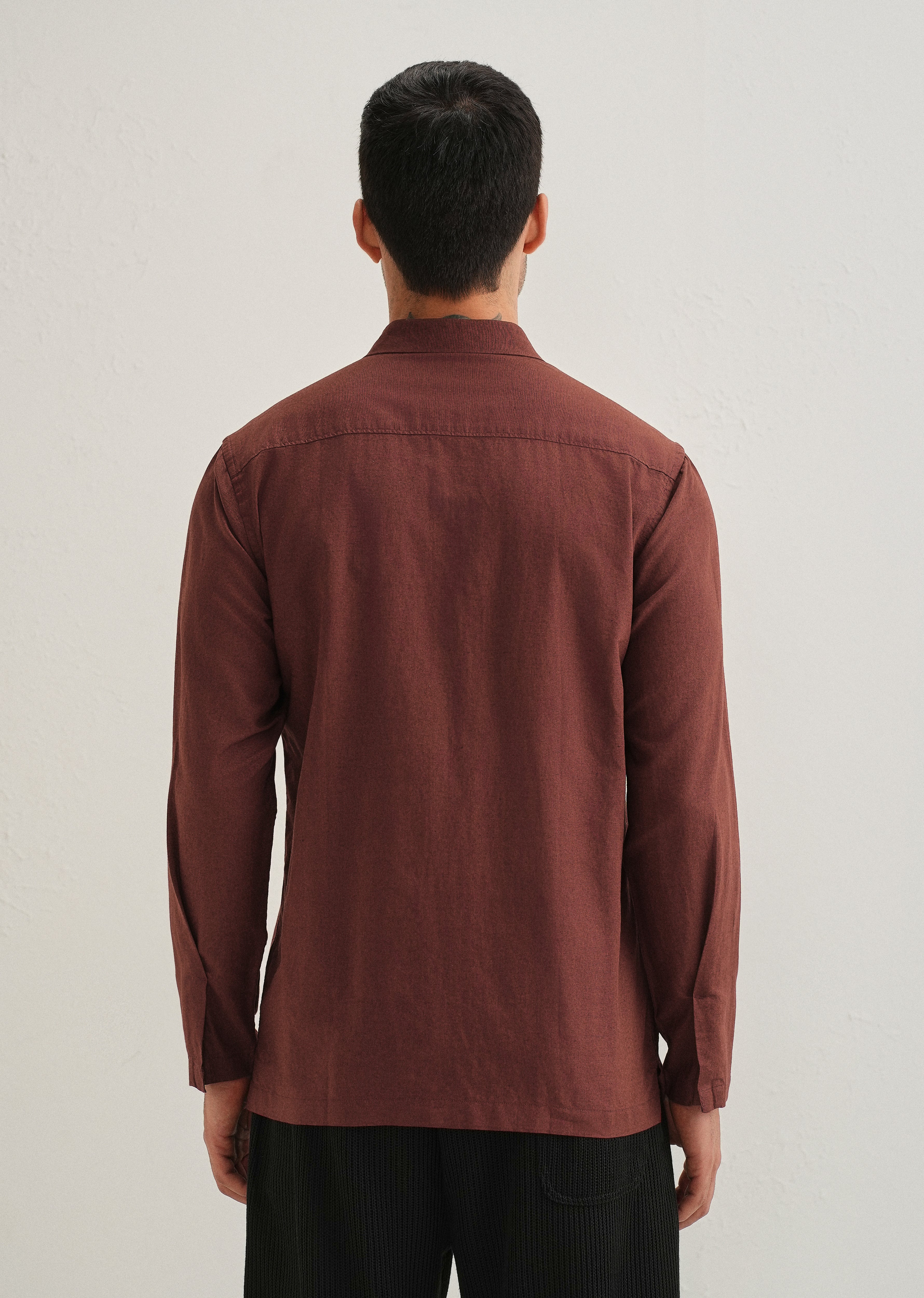 Brown Hidden Sleeve Placket Cotton Linen Shirt