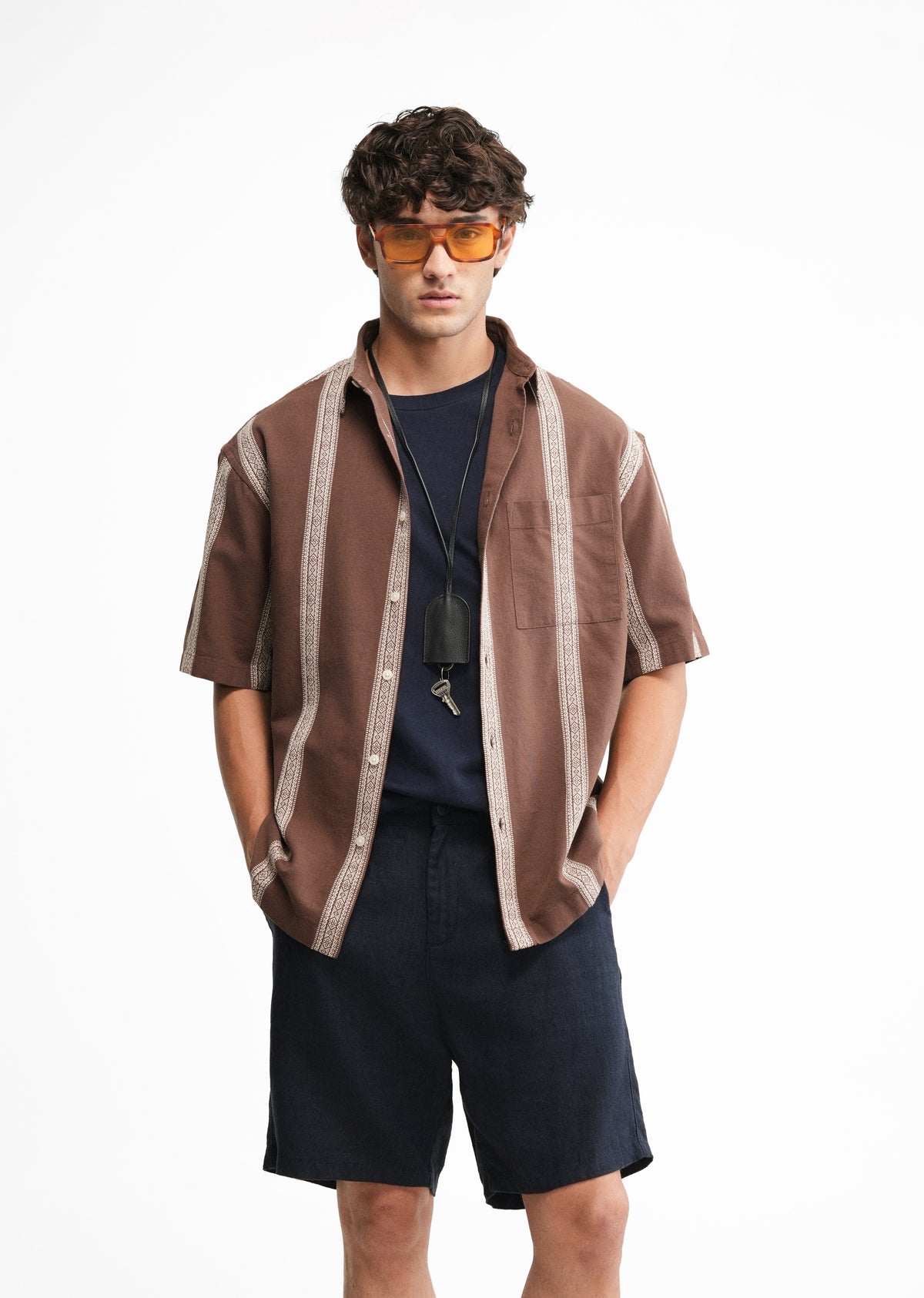 Brown Jacquard Stripe Cotton Shirt