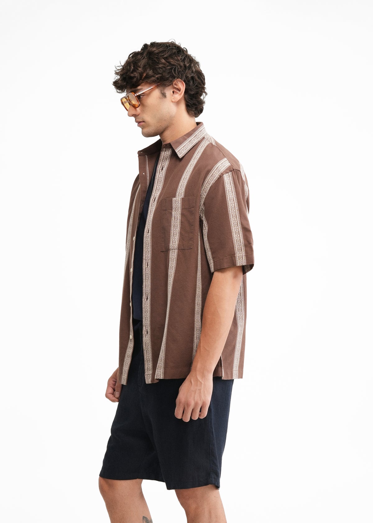 Brown Jacquard Stripe Cotton Shirt