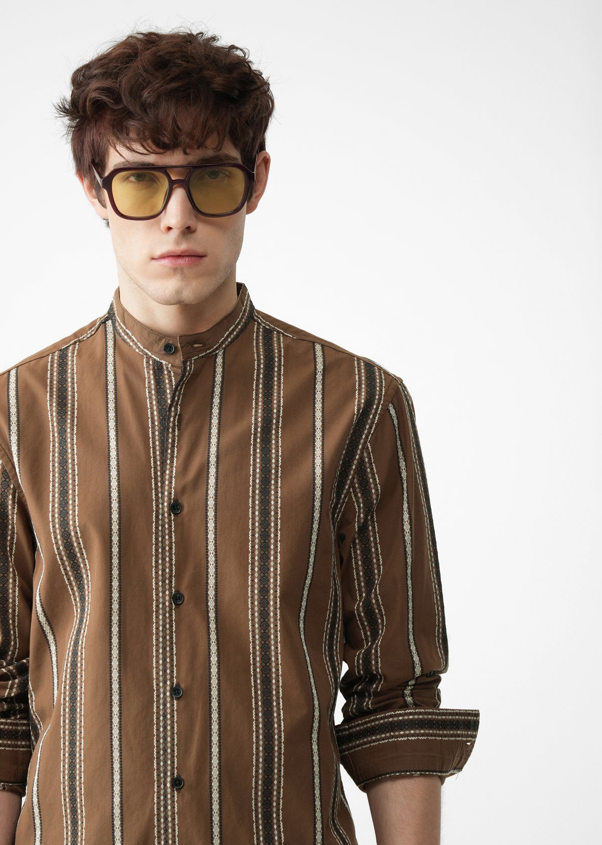 Brown Jacquard Stripe Cotton Shirt