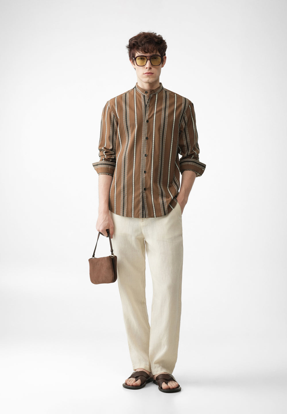 Brown Jacquard Stripe Cotton Shirt