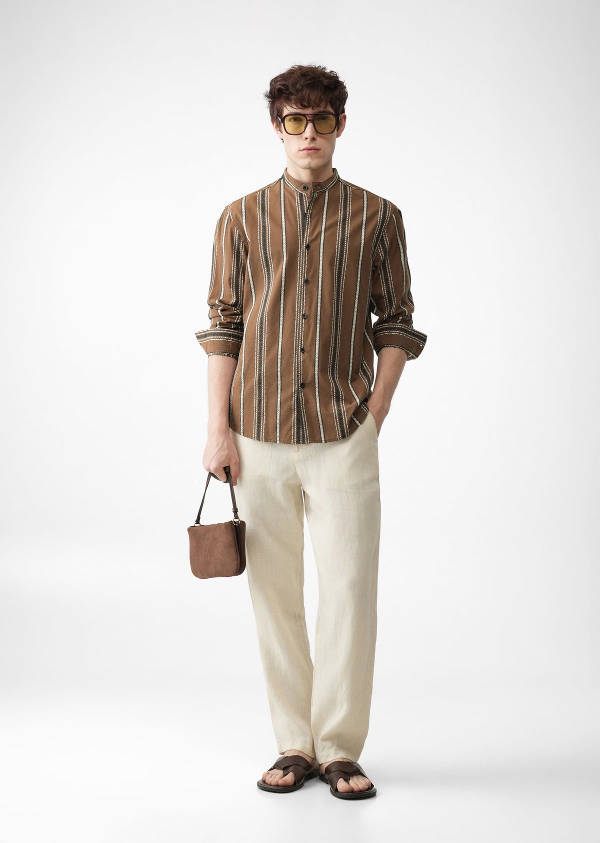 Brown Jacquard Stripe Cotton Shirt