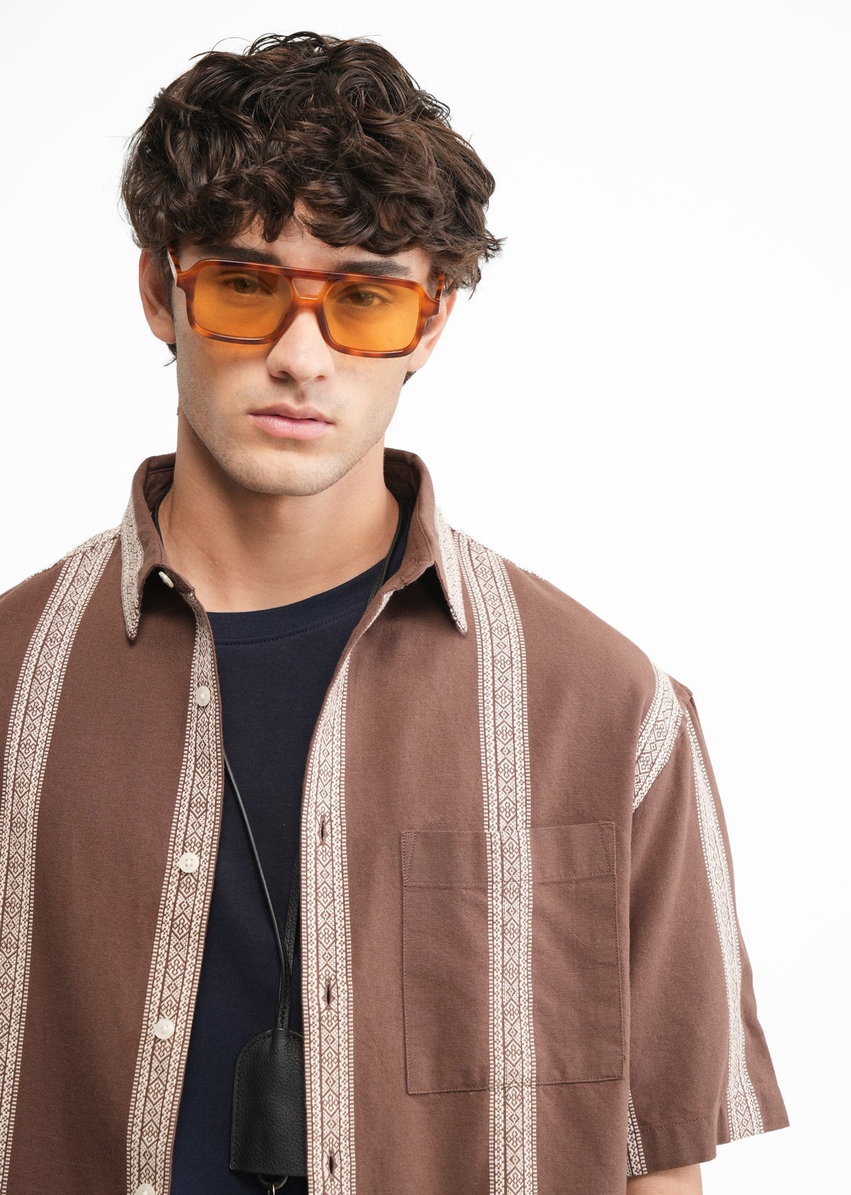 Brown Jacquard Stripe Cotton Shirt