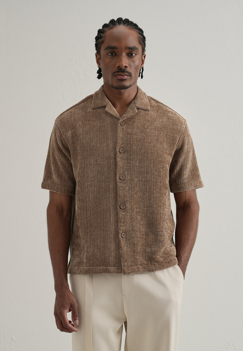 Brown Suede Knit Cuban Collar Shirt