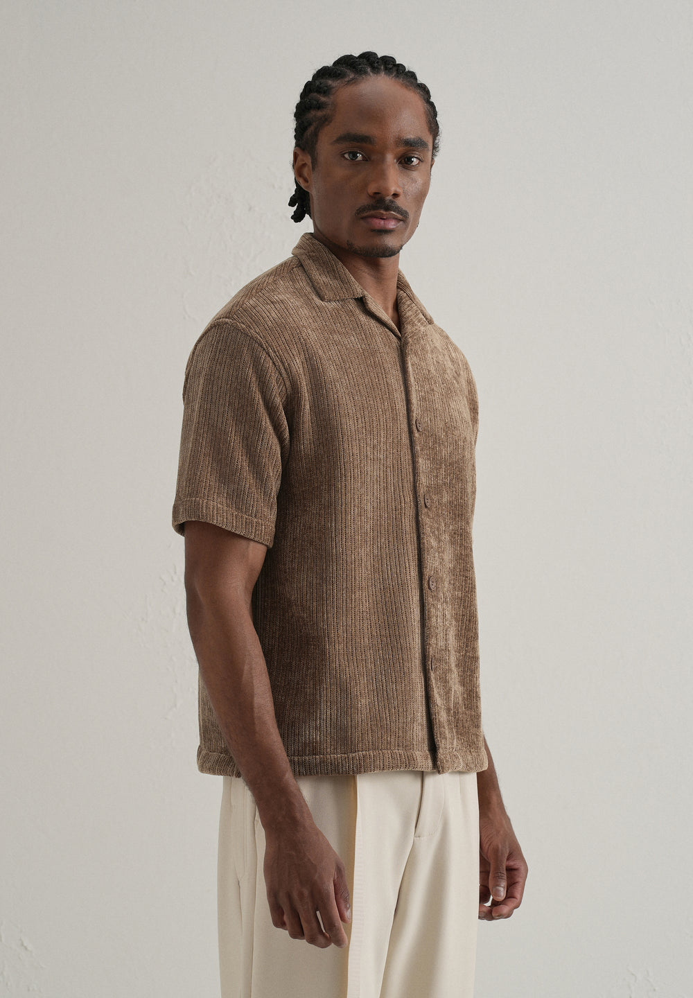Brown Suede Knit Cuban Collar Shirt