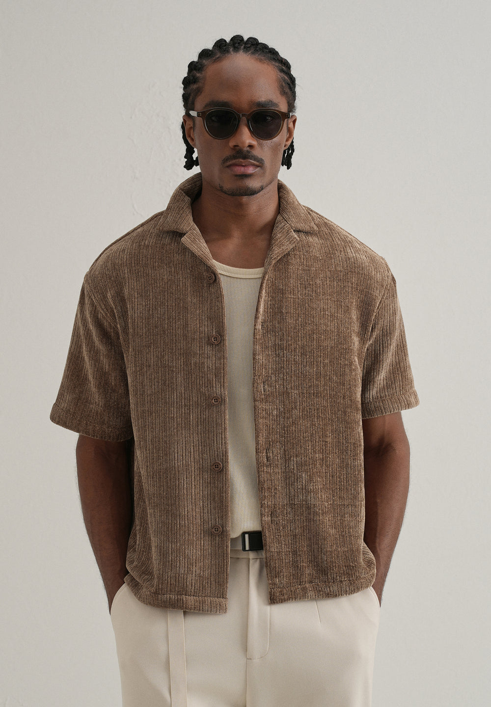 Brown Suede Knit Cuban Collar Shirt